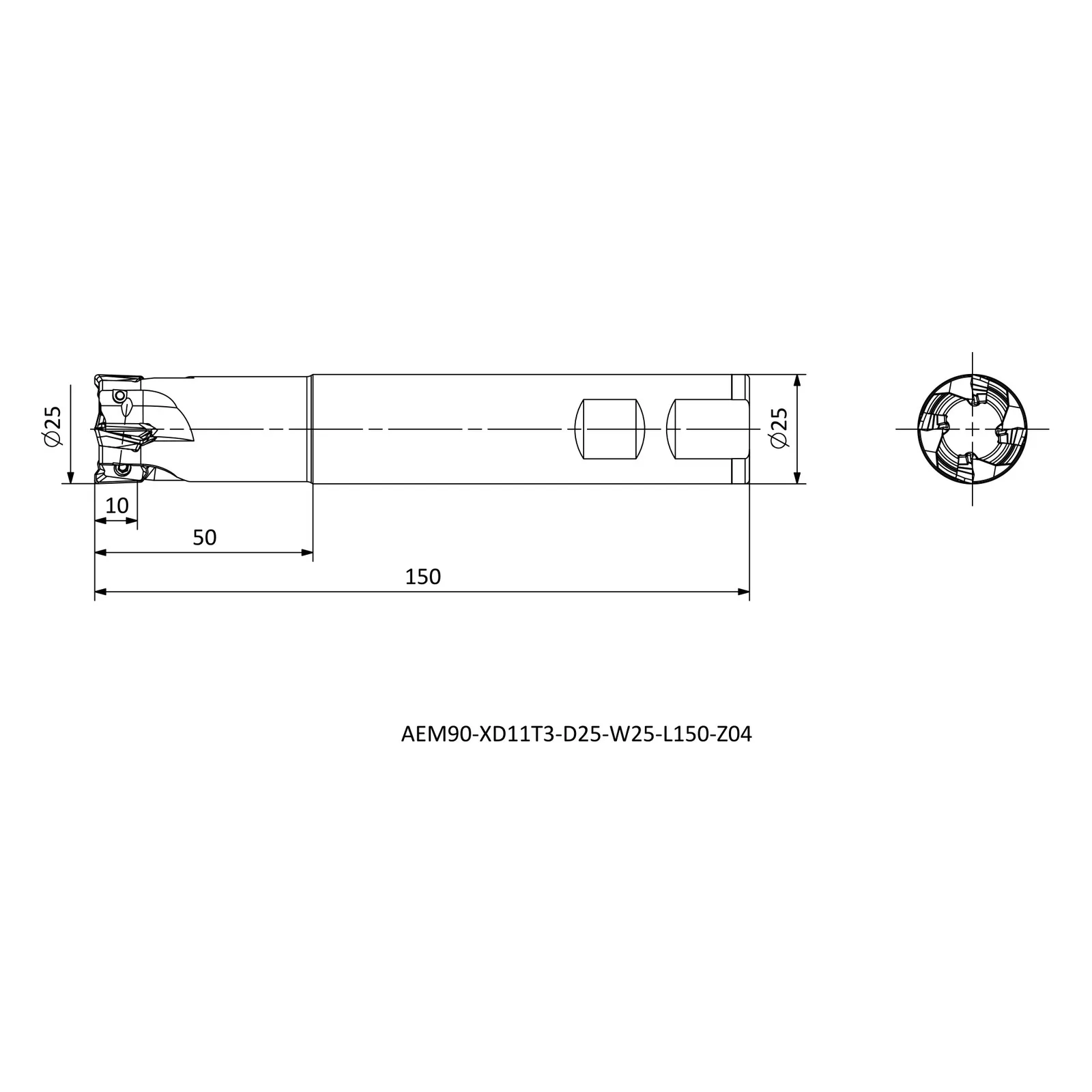 AEM90-XD11T3-D25-W25-L150-Z04 &mdash; dimensioned drawing