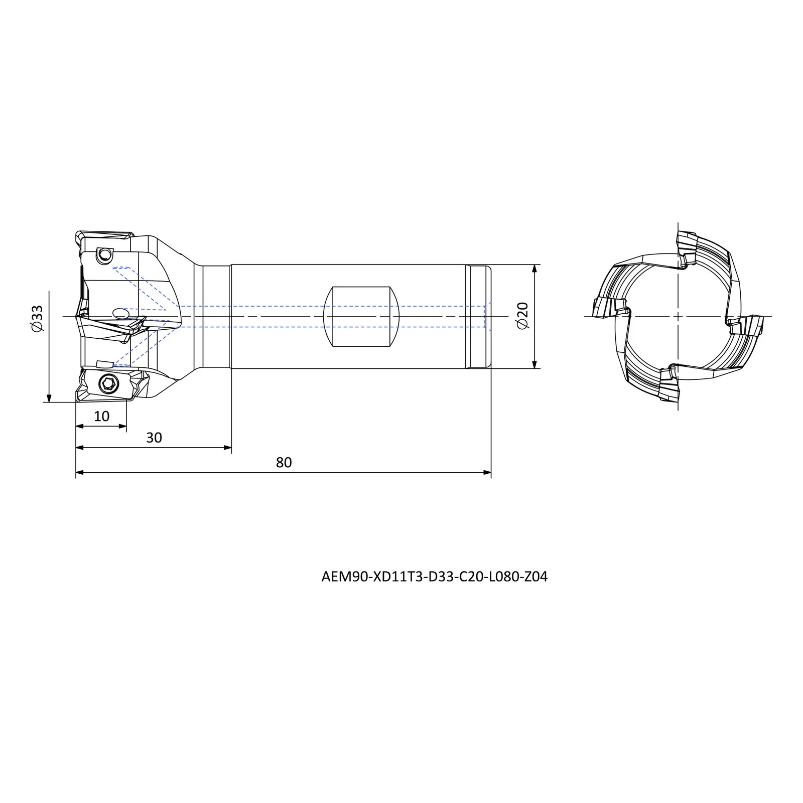 AEM90-XD11T3-D33-C20-L080-Z04-H &mdash; dimensioned drawing
