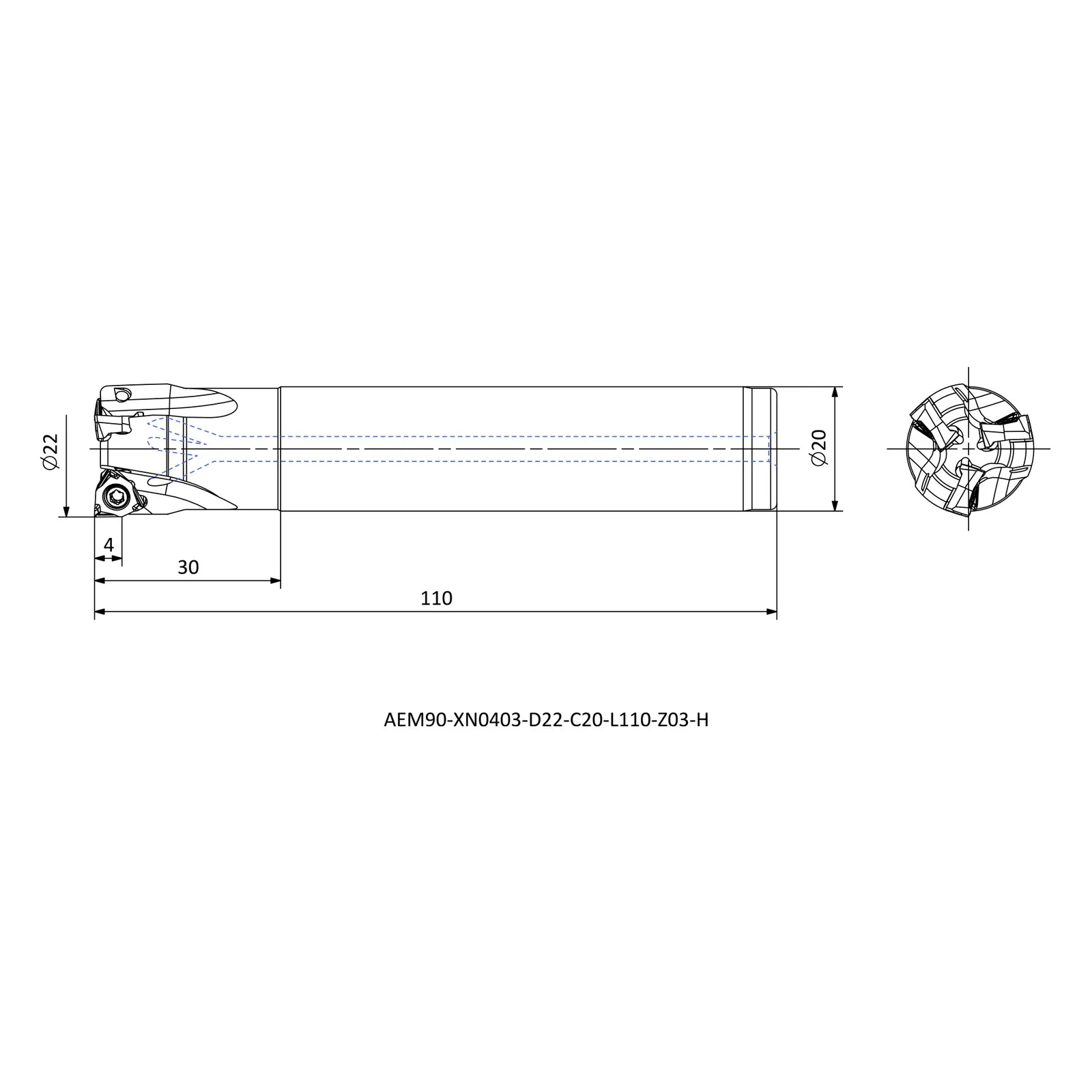 AEM90-XN0403-D22-C20-L110-Z03-H &mdash; dimensioned drawing