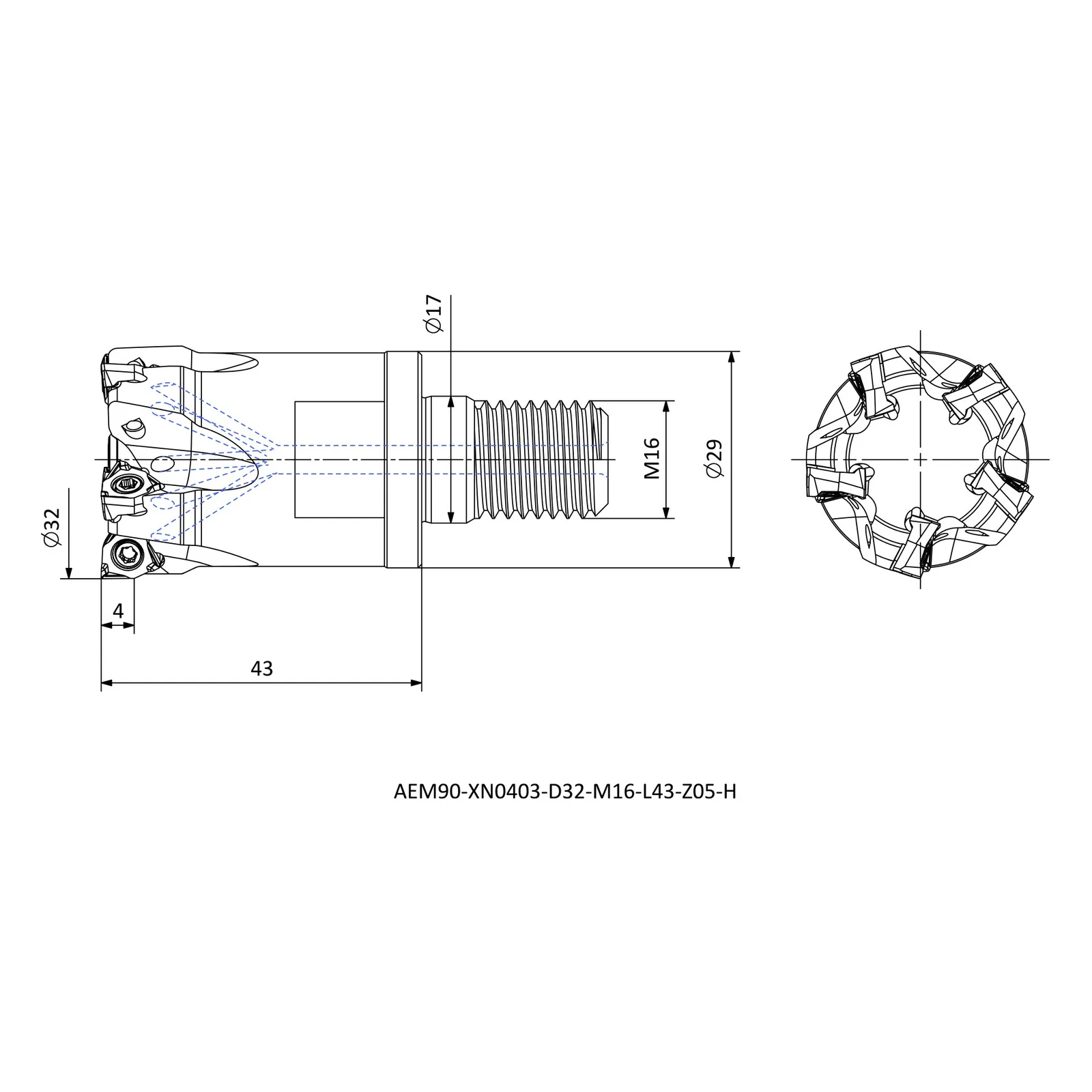 AEM90-XN0403-D32-M16-L43-Z05-H &mdash; dimensioned drawing
