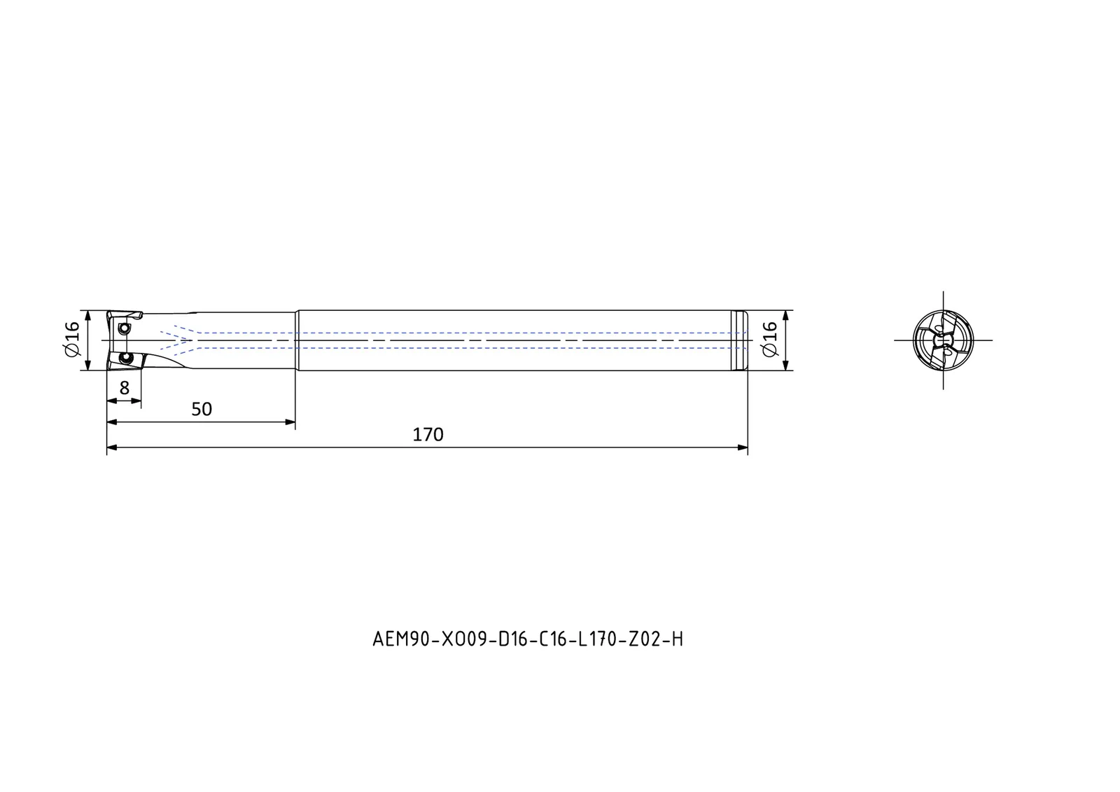 AEM90-XO09-D16-C16-L170-Z02-H &mdash; dimensioned drawing