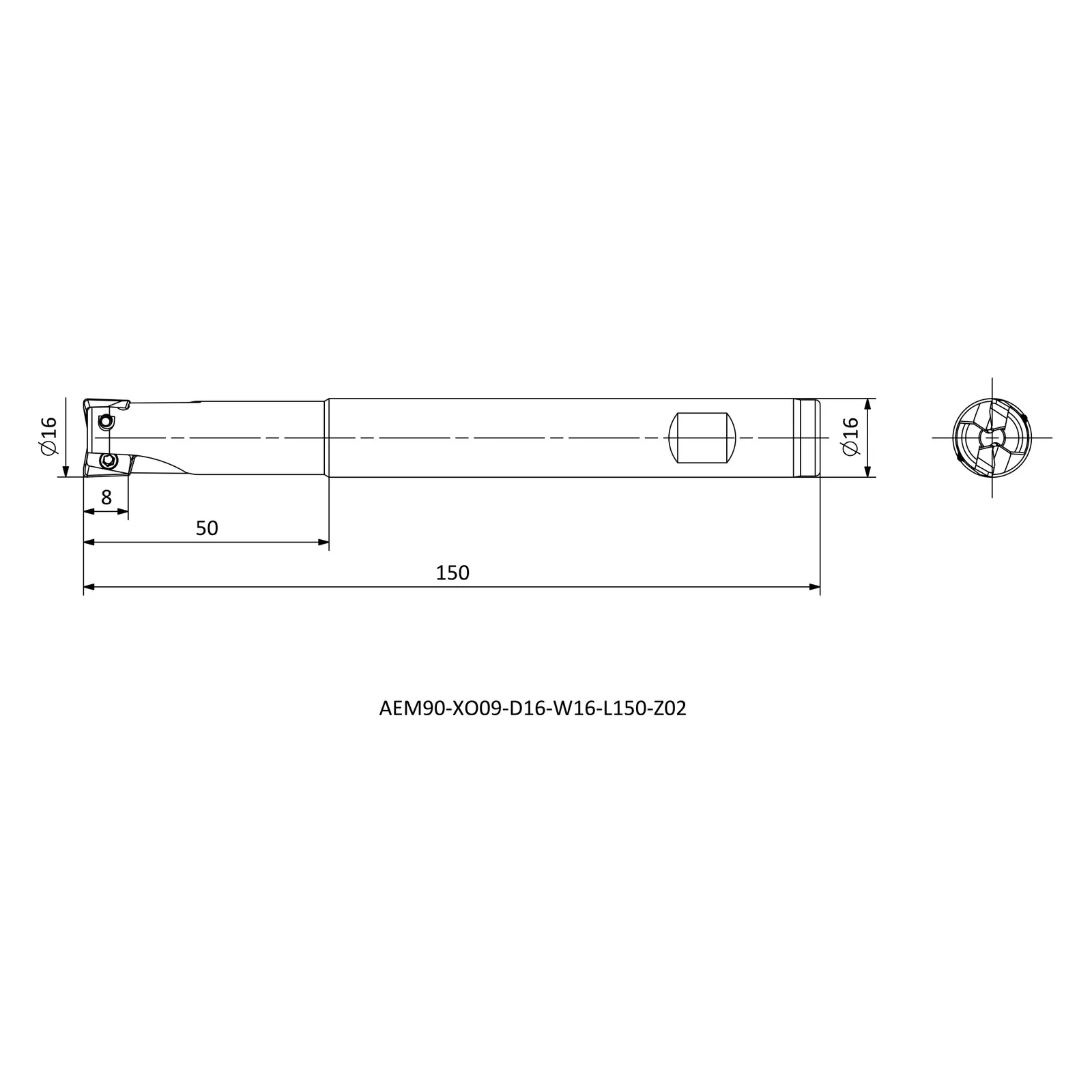 AEM90-XO09-D16-W16-L150-Z02 &mdash; dimensioned drawing
