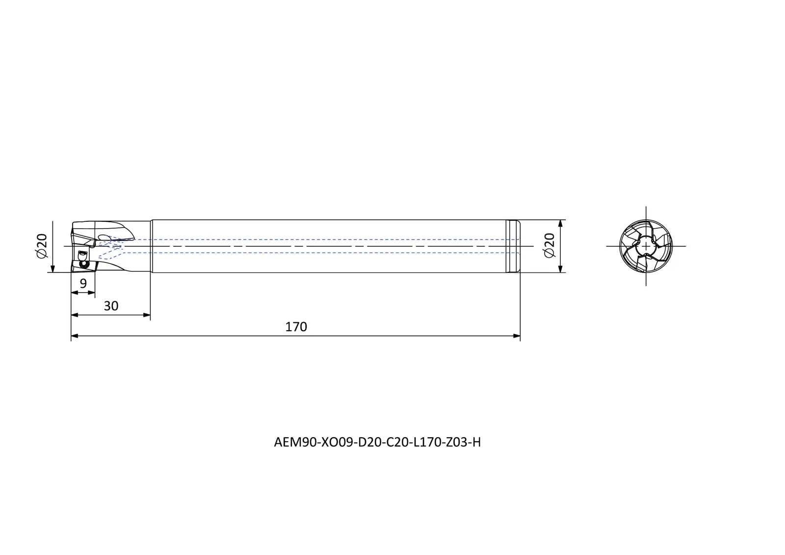 AEM90-XO09-D20-C20-L170-Z03-H &mdash; dimensioned drawing