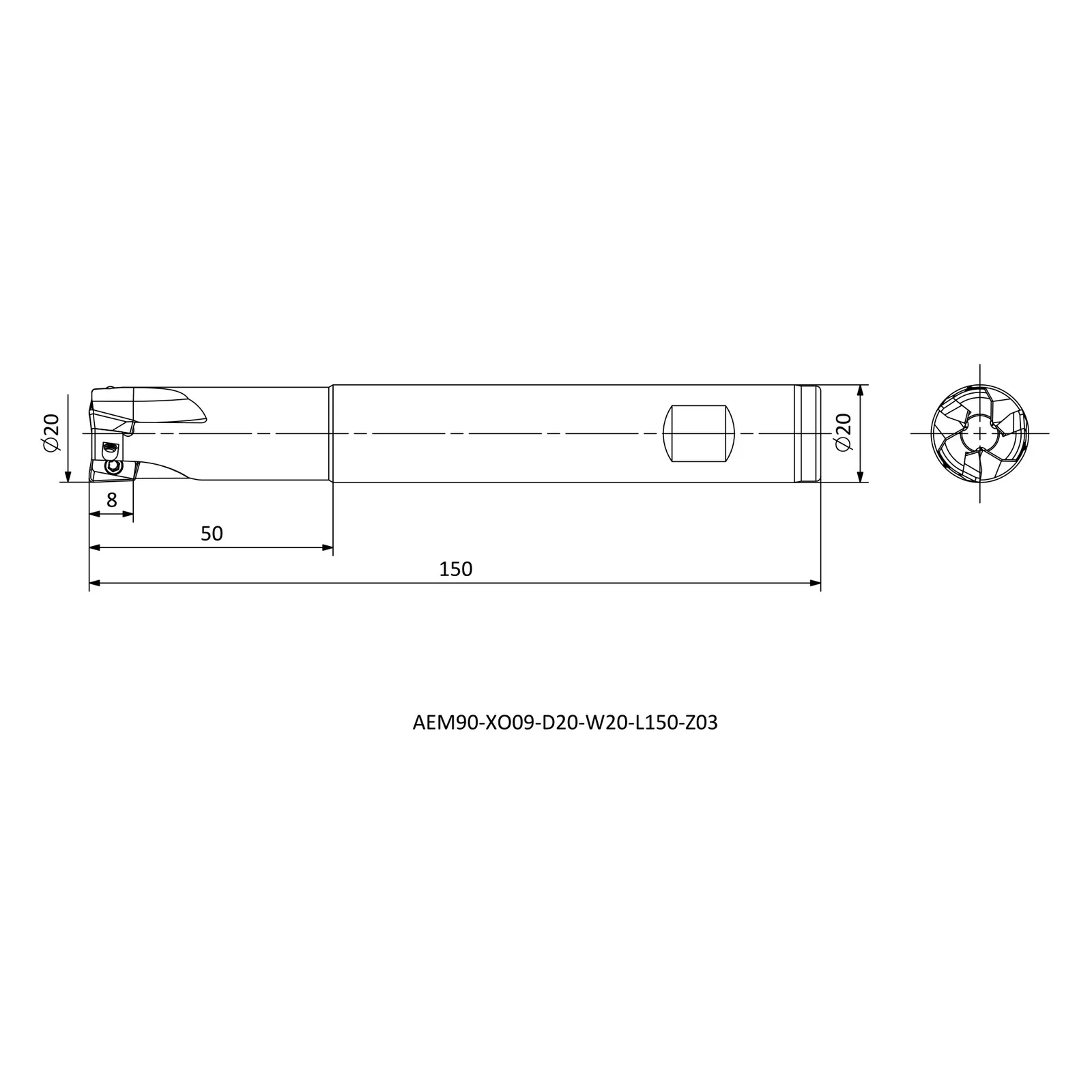 AEM90-XO09-D20-W20-L150-Z03 &mdash; dimensioned drawing