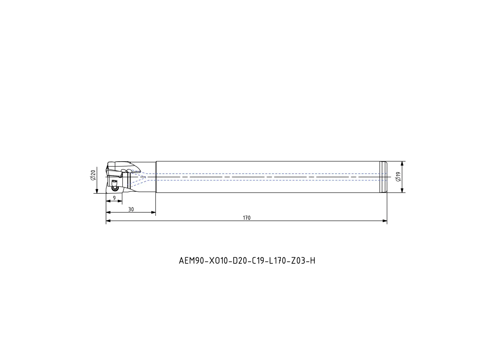 AEM90-XO10-D20-C19-L170-Z03-H &mdash; dimensioned drawing