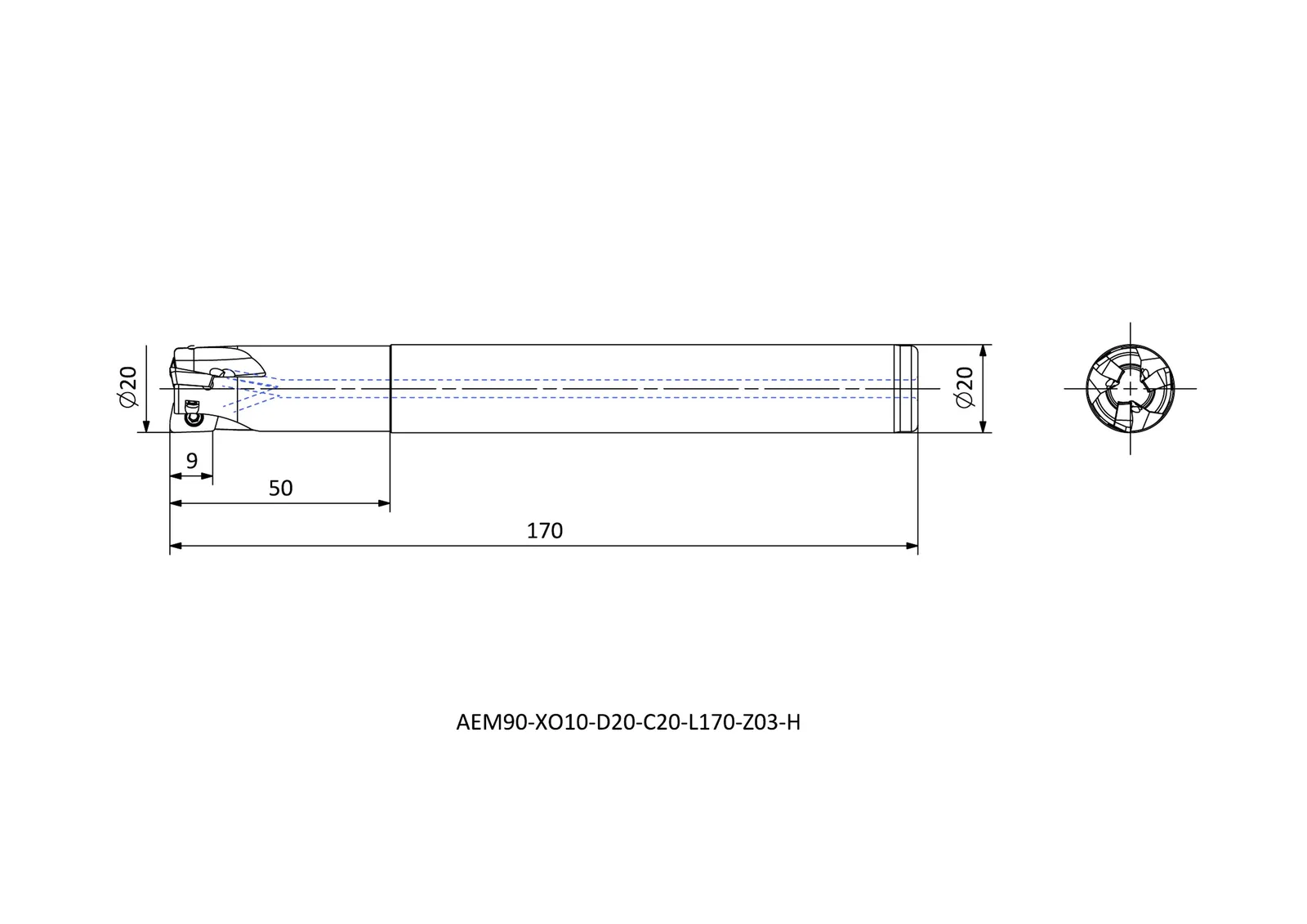 AEM90-XO10-D20-C20-L170-Z03-H &mdash; dimensioned drawing