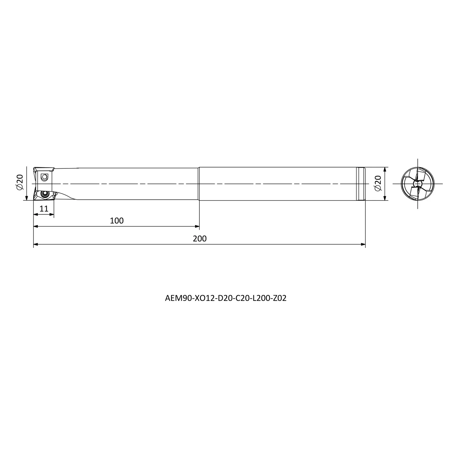 AEM90-XO12-D20-C20-L200-Z02 &mdash; dimensioned drawing
