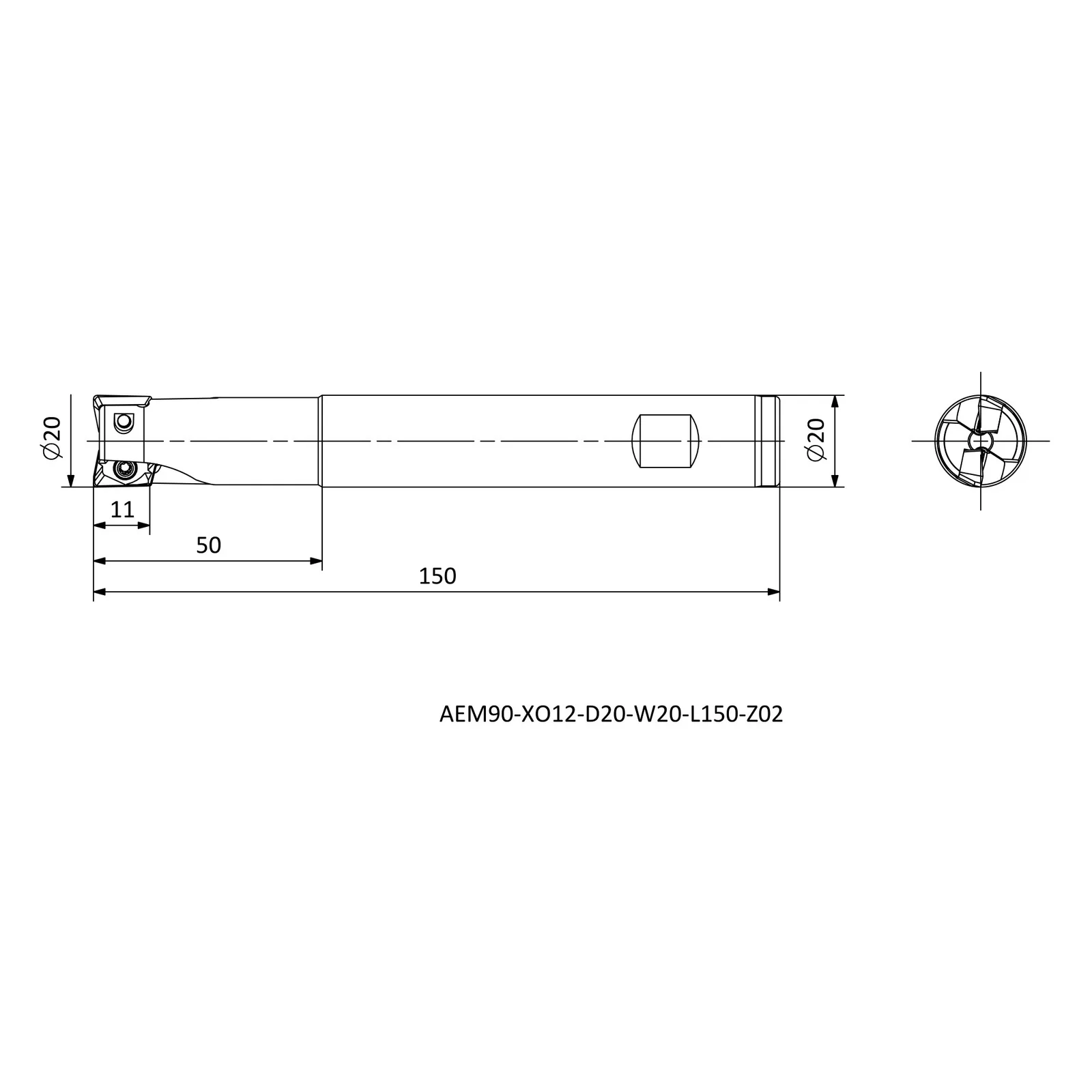 AEM90-XO12-D20-W20-L150-Z02 &mdash; dimensioned drawing
