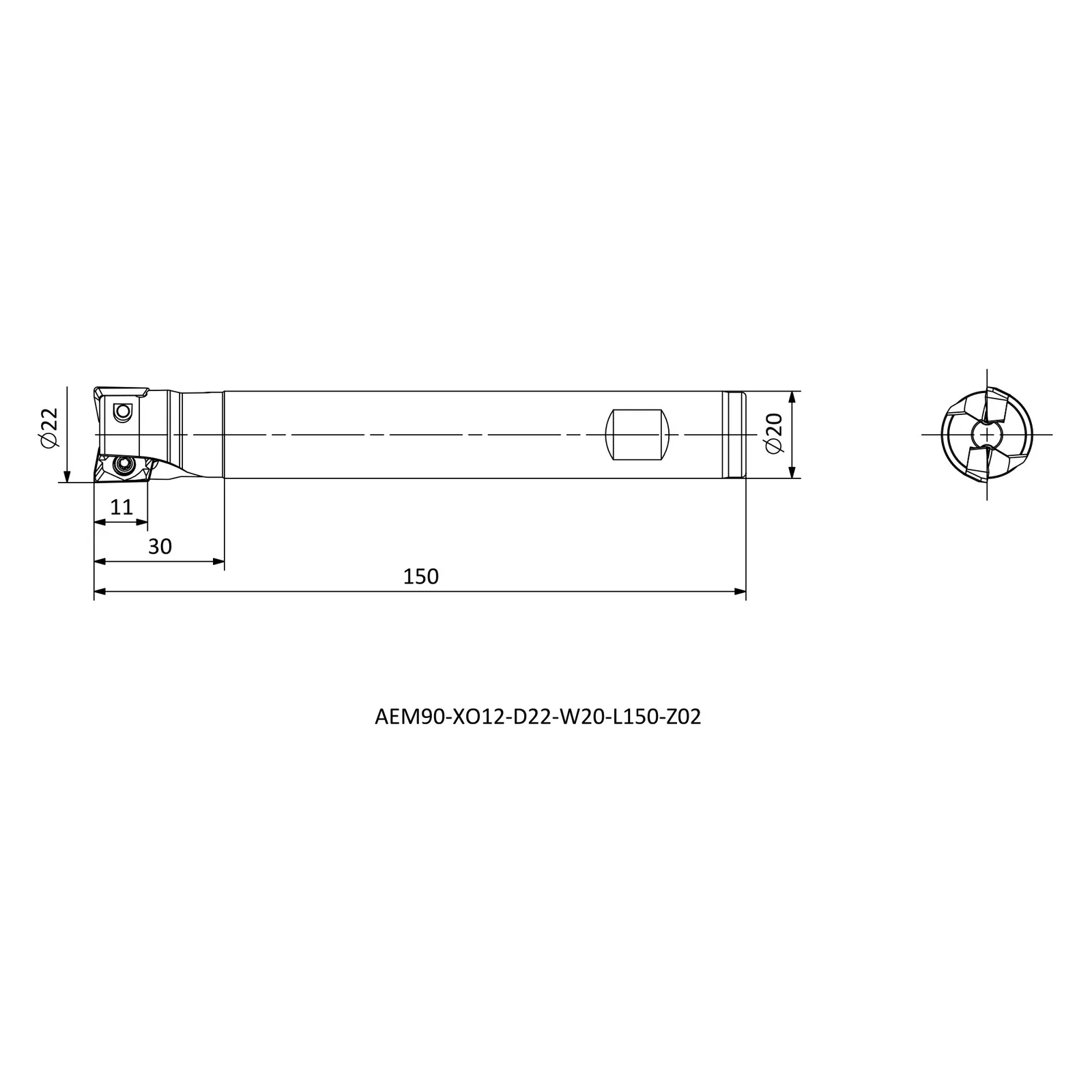 AEM90-XO12-D22-W20-L150-Z02 &mdash; dimensioned drawing