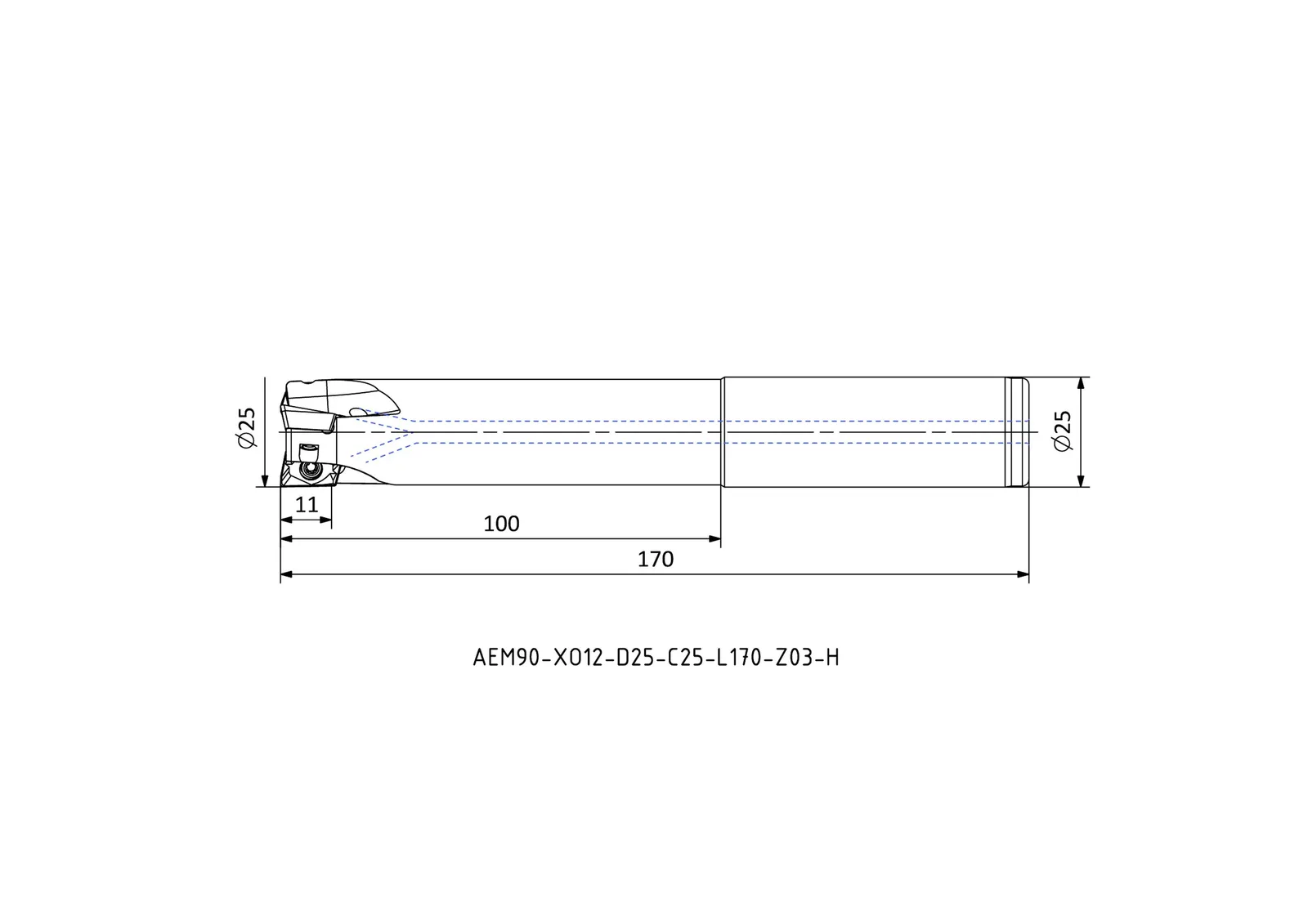 AEM90-XO12-D25-C25-L170-Z03-H &mdash; dimensioned drawing