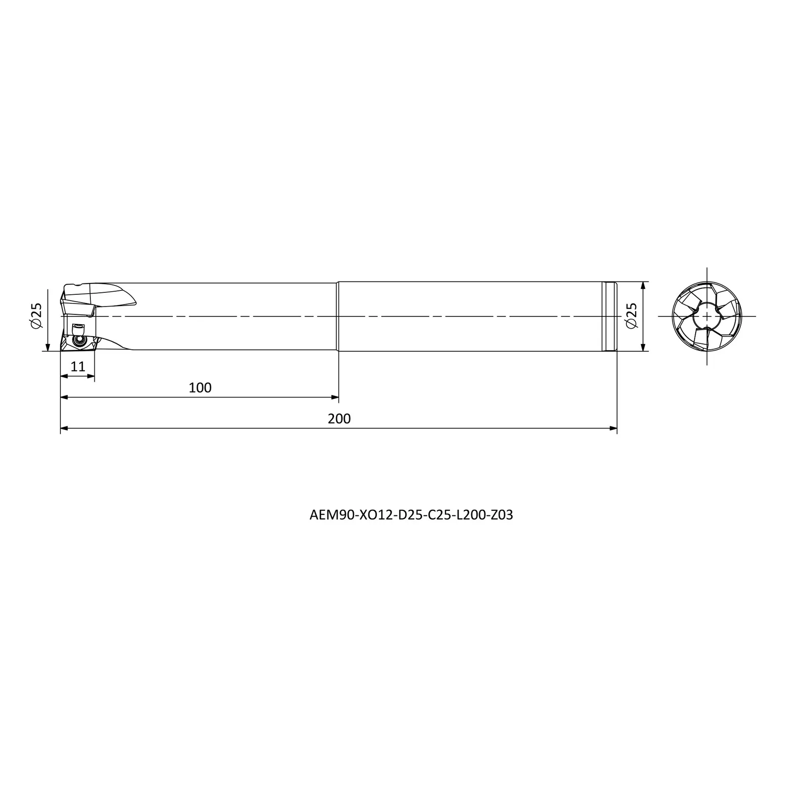 AEM90-XO12-D25-C25-L200-Z03 &mdash; dimensioned drawing