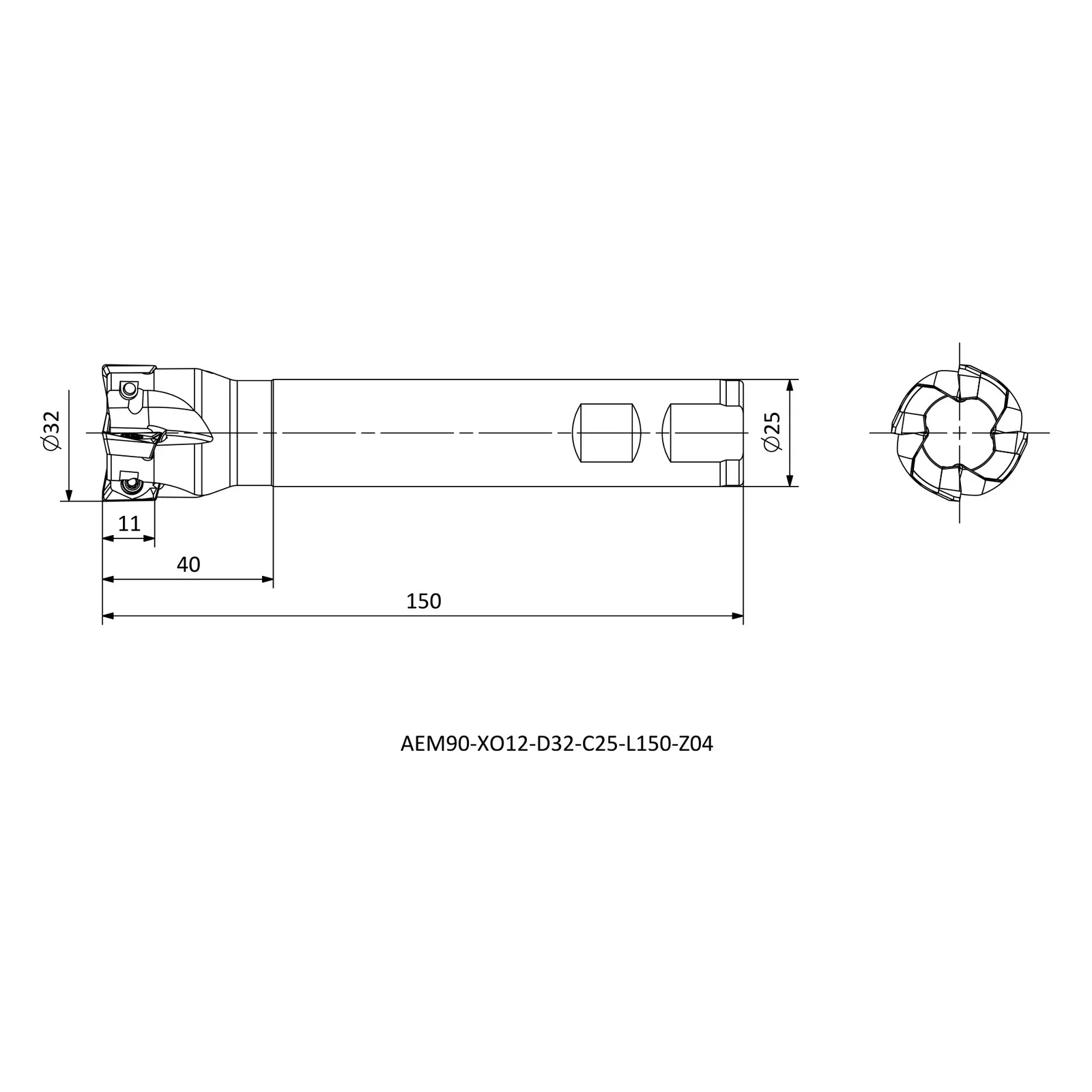 AEM90-XO12-D32-C25-L150-Z04 &mdash; dimensioned drawing