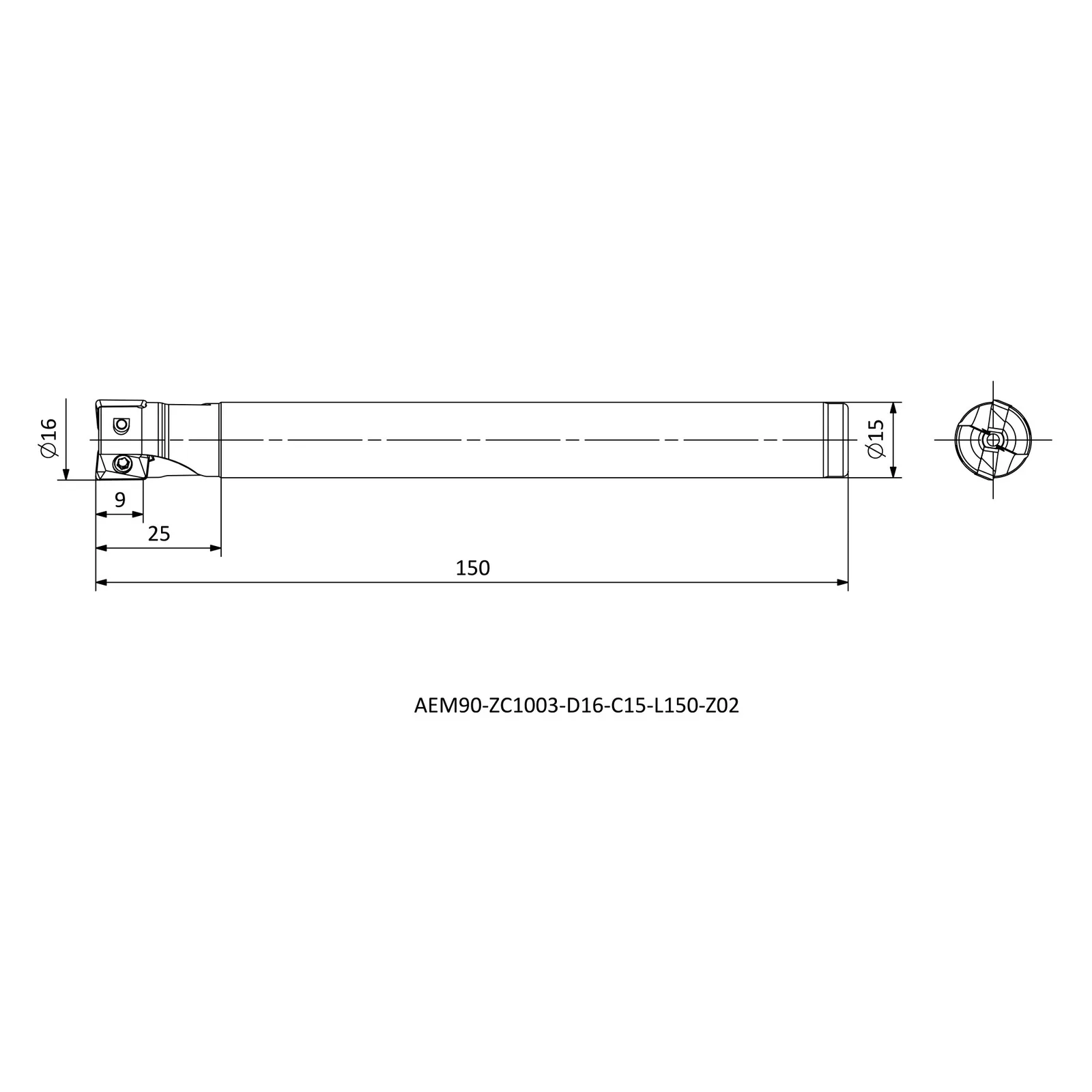 AEM90-ZC1003-D16-C15-L150-Z02 &mdash; dimensioned drawing