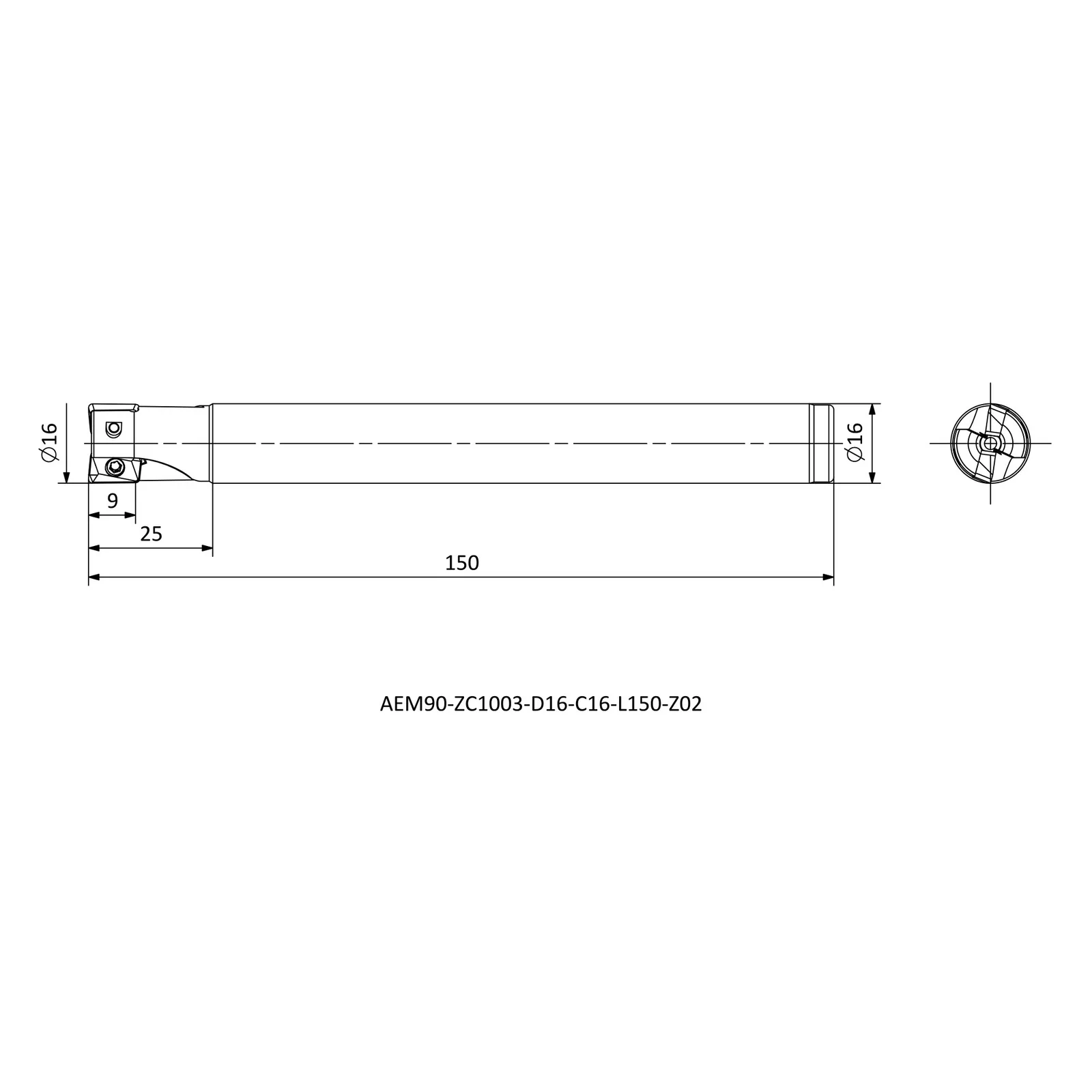 AEM90-ZC1003-D16-C16-L150-Z02 &mdash; dimensioned drawing