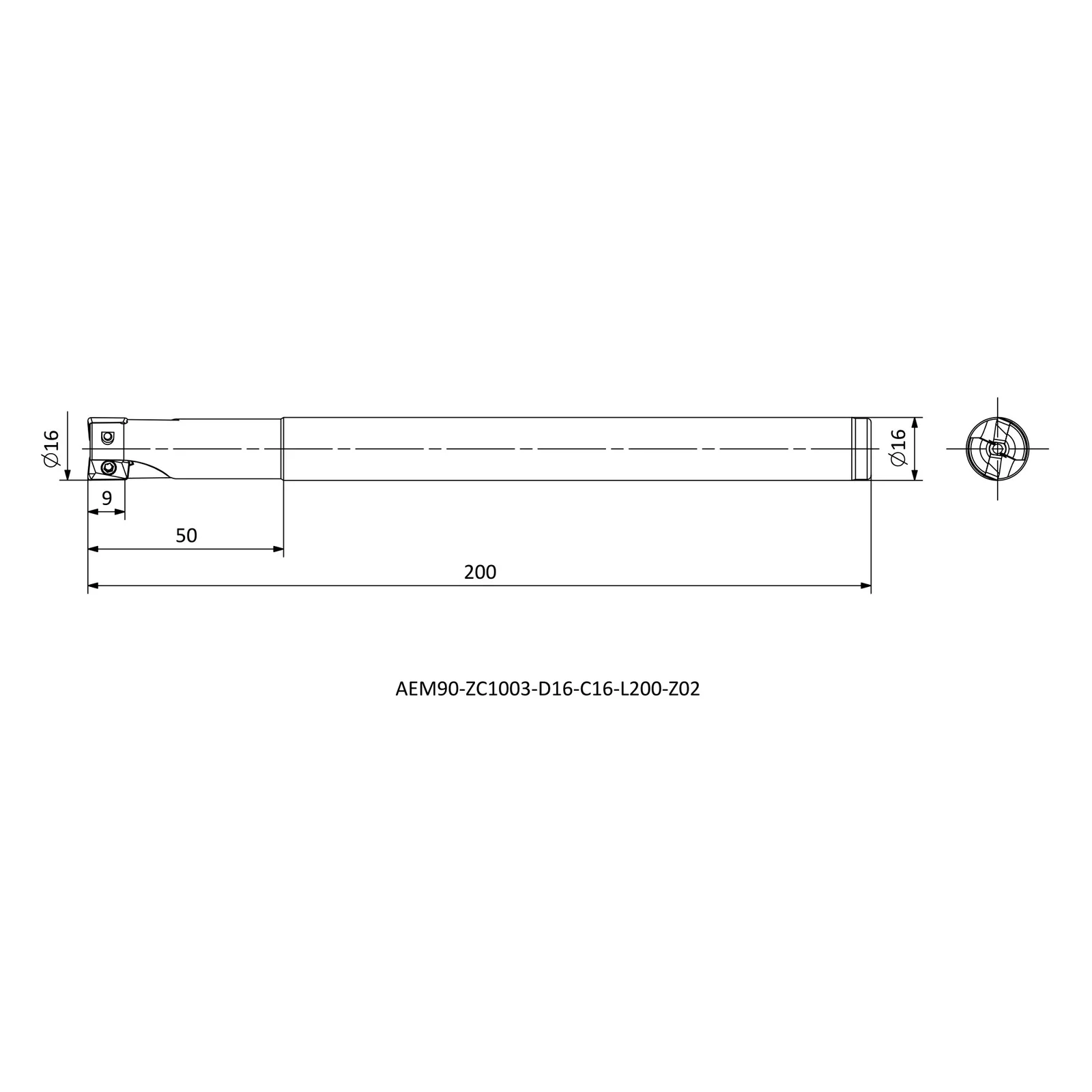 AEM90-ZC1003-D16-C16-L200-Z02 &mdash; dimensioned drawing