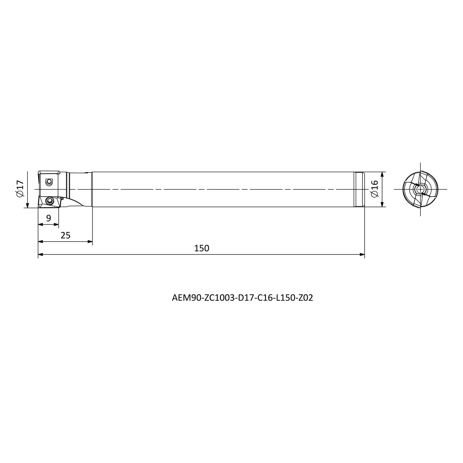 AEM90-ZC1003-D17-C16-L150-Z02 &mdash; dimensioned drawing