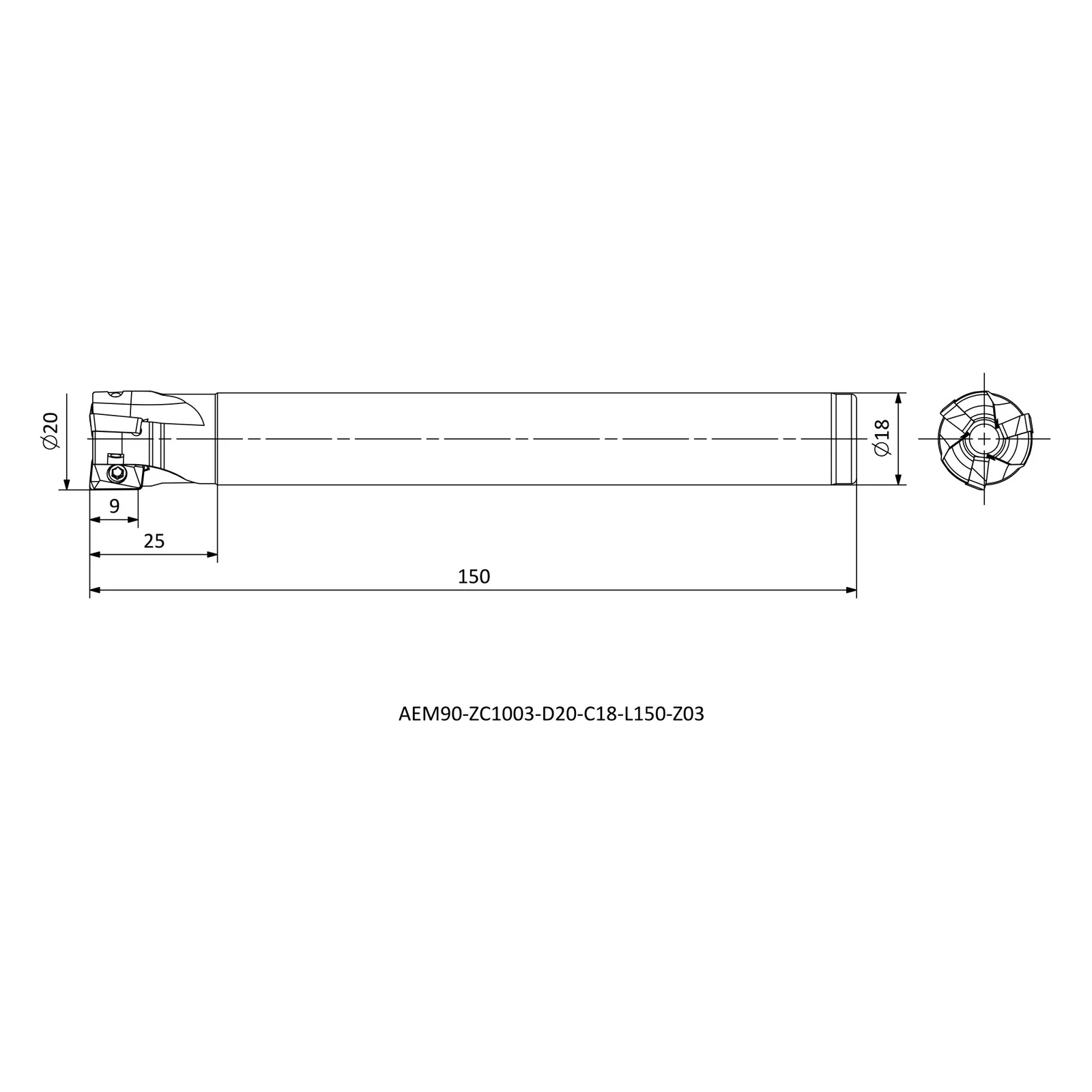 AEM90-ZC1003-D20-C18-L150-Z03 &mdash; dimensioned drawing