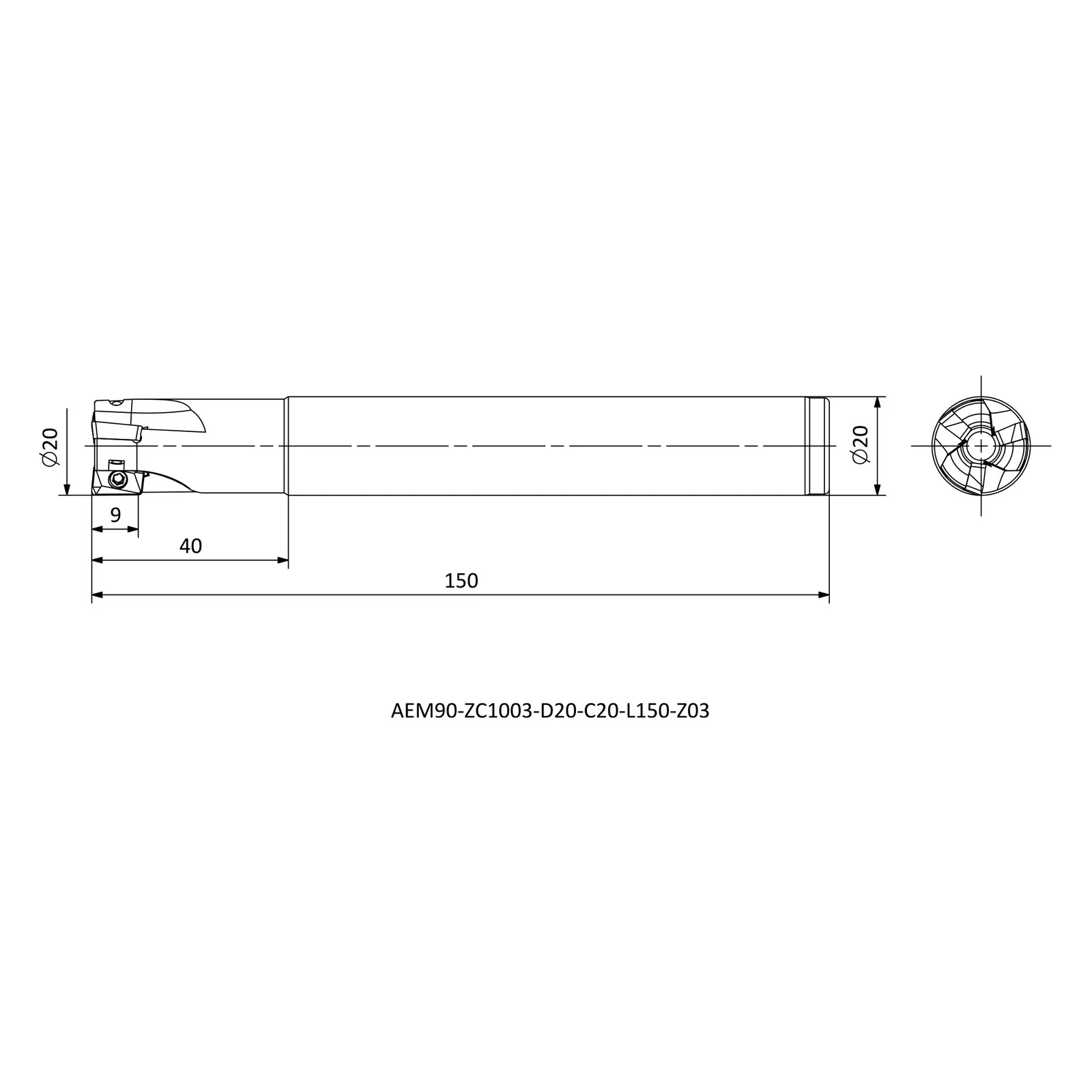 AEM90-ZC1003-D20-C20-L150-Z03 &mdash; dimensioned drawing