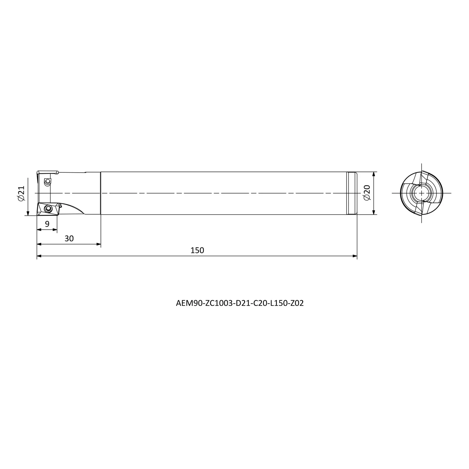 AEM90-ZC1003-D21-C20-L150-Z02 &mdash; dimensioned drawing