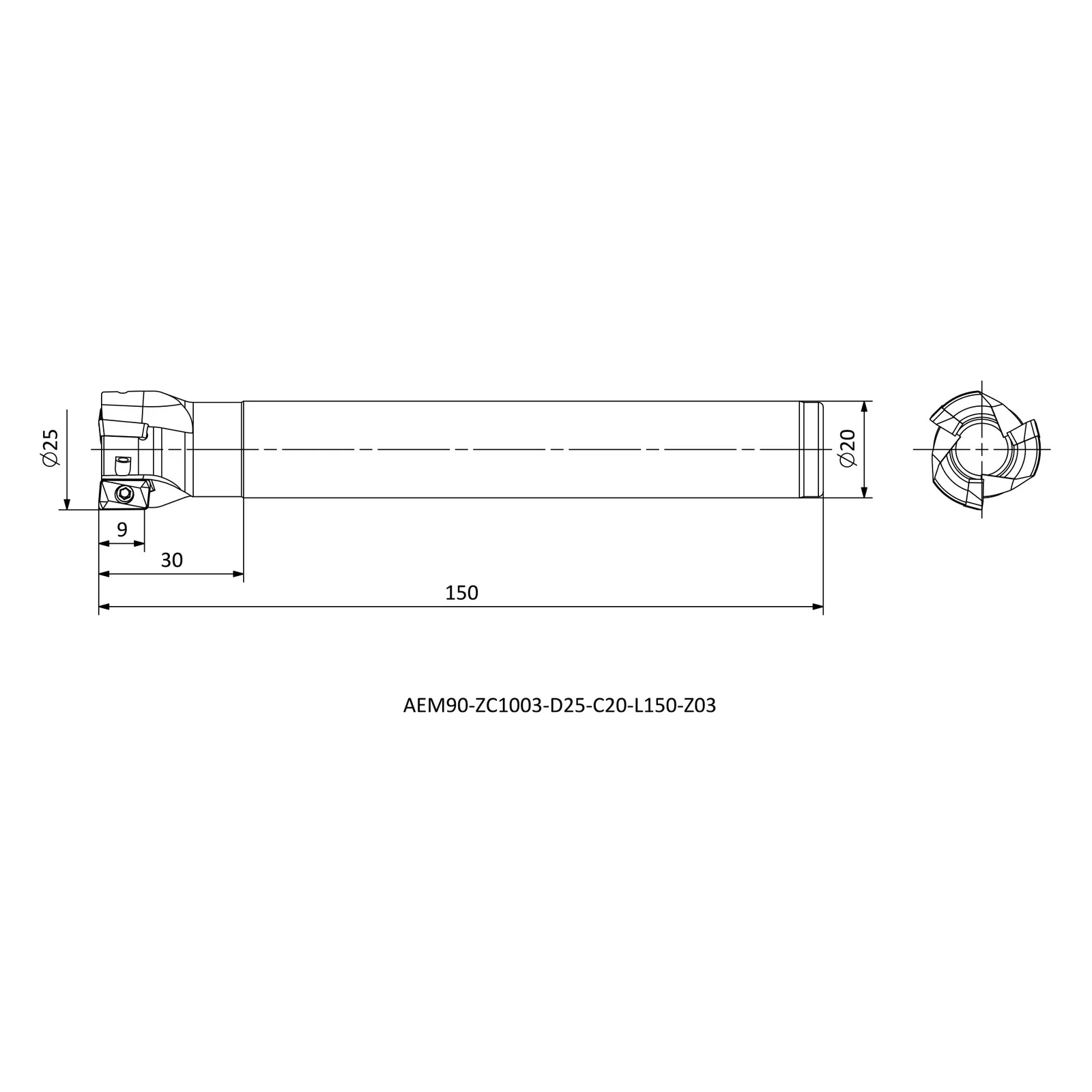 AEM90-ZC1003-D25-C20-L150-Z03 &mdash; dimensioned drawing