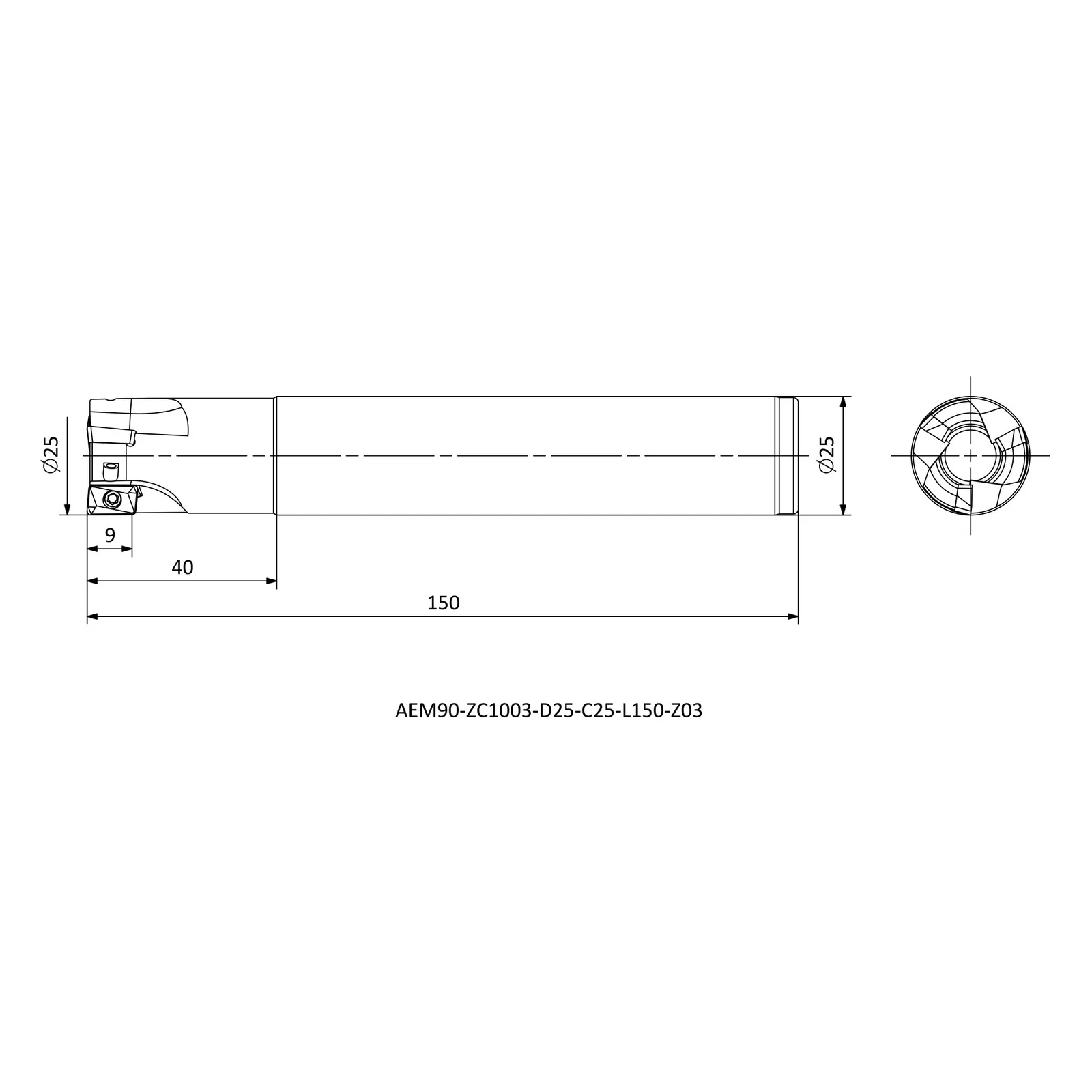 AEM90-ZC1003-D25-C25-L150-Z03 &mdash; dimensioned drawing