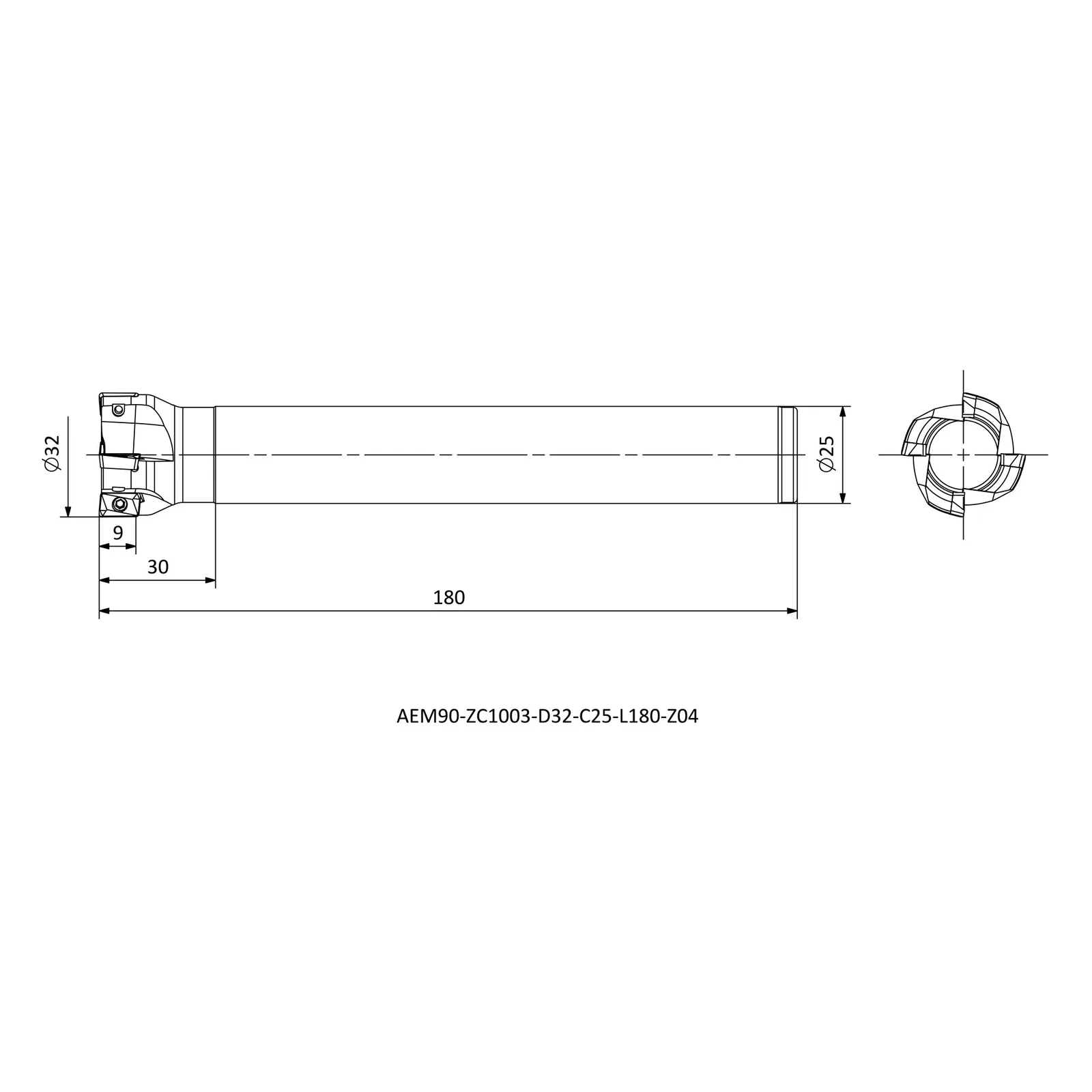 AEM90-ZC1003-D32-C25-L180-Z04 &mdash; dimensioned drawing