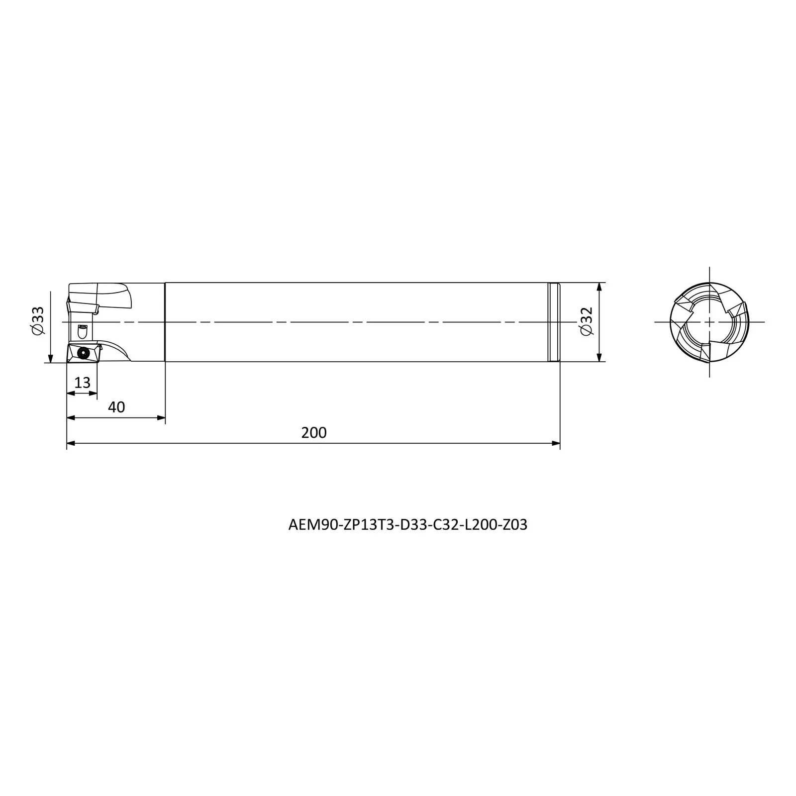 AEM90-ZP13T3-D33-C32-L200-Z03 &mdash; dimensioned drawing