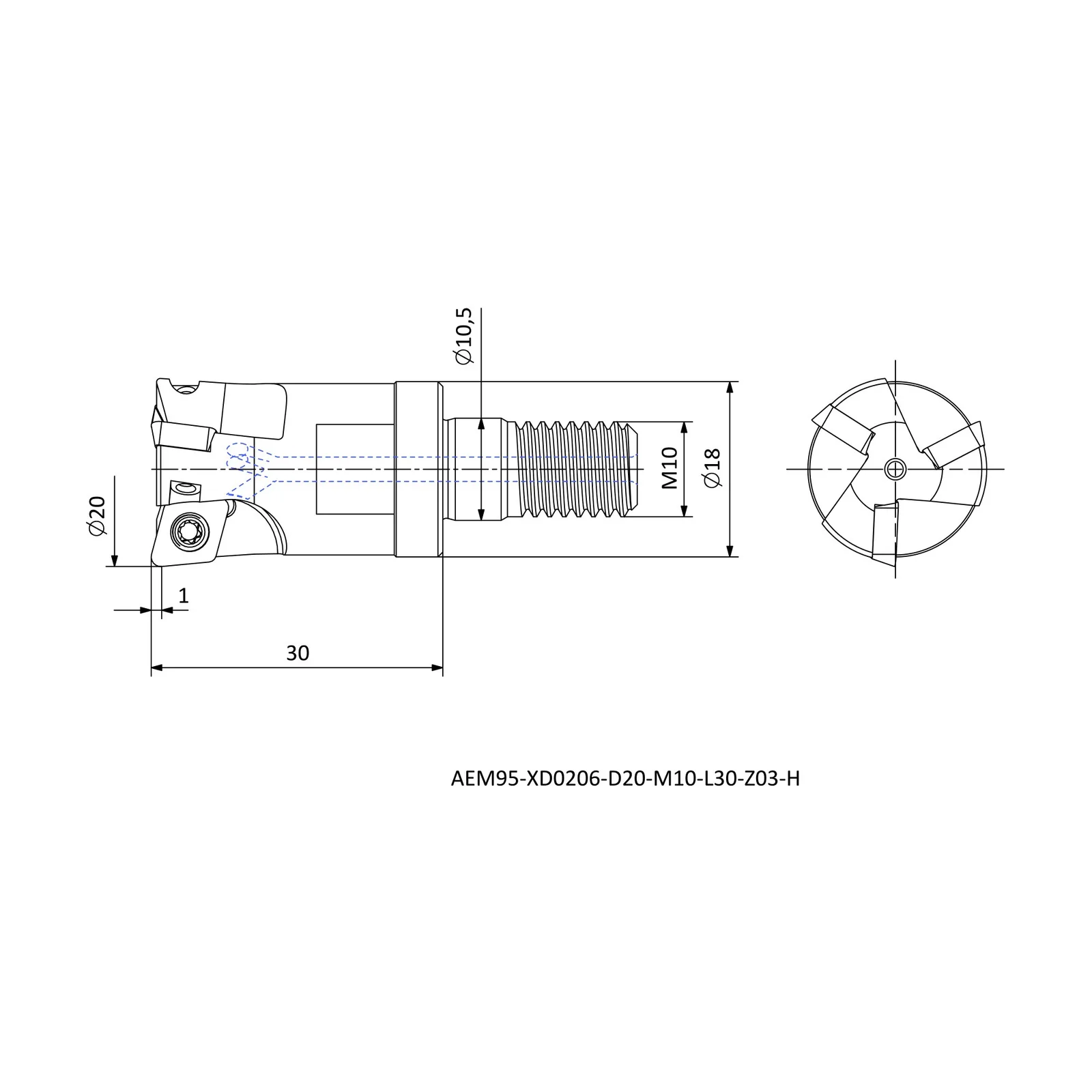 AEM95-XD0206-D20-M10-L30-Z03-H &mdash; dimensioned drawing
