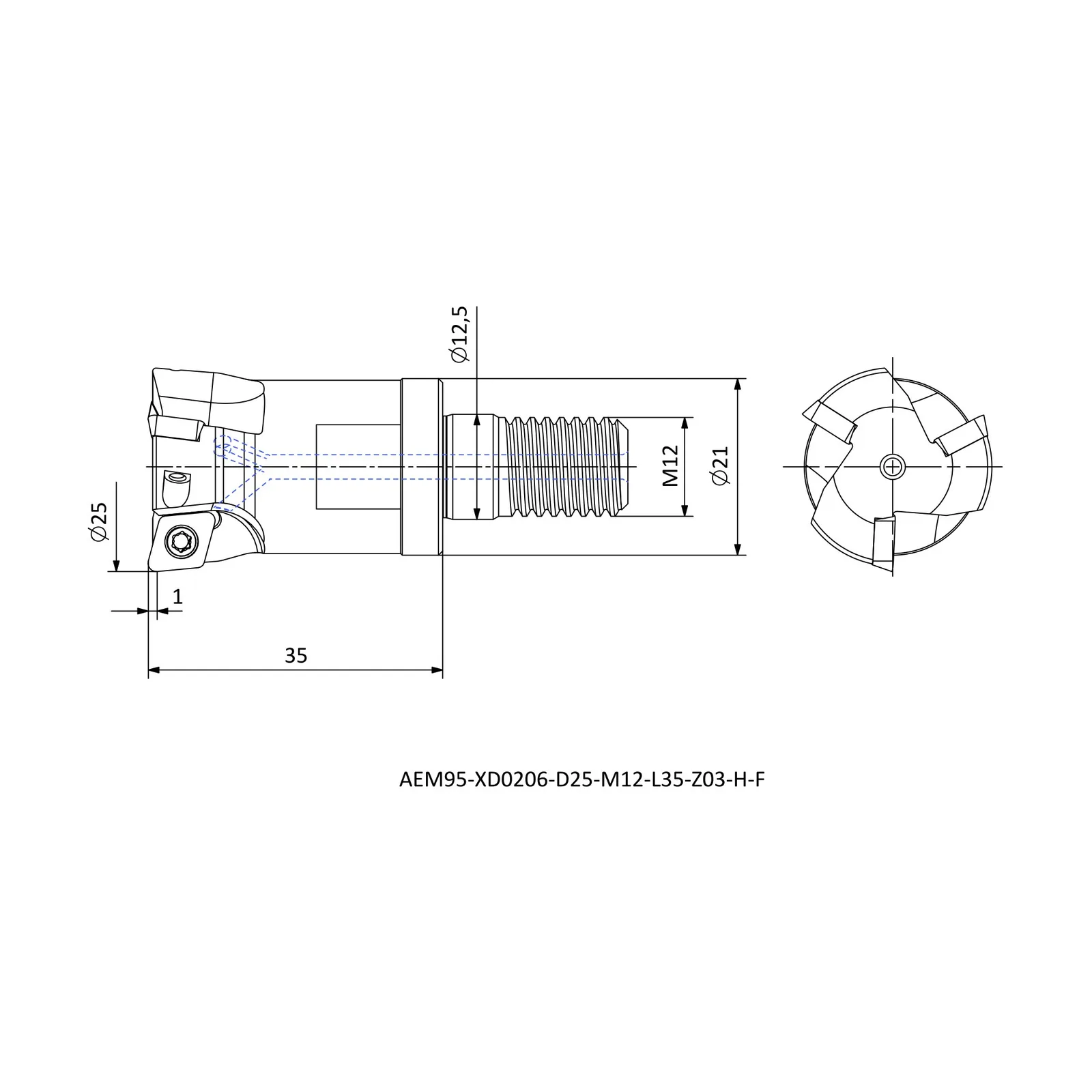 AEM95-XD0206-D25-M12-L35-Z03-H-F &mdash; dimensioned drawing