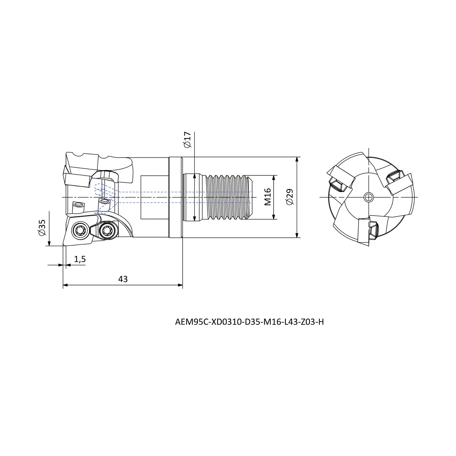 AEM95C-XD0310-D35-M16-L43-Z03-H &mdash; dimensioned drawing