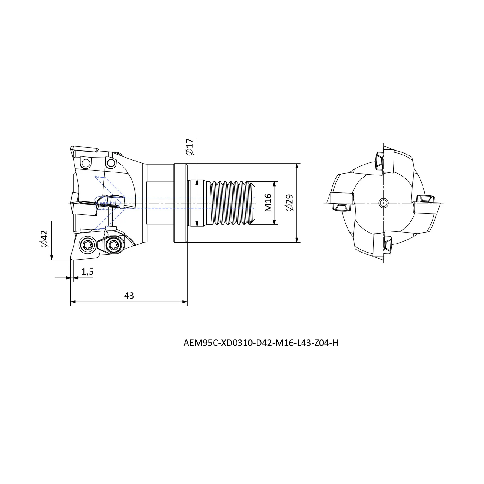 AEM95C-XD0310-D42-M16-L43-Z04-H &mdash; dimensioned drawing