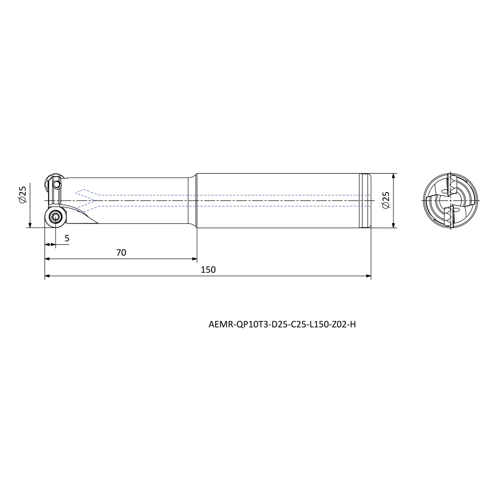 AEMR-QP10T3-D25-C25-L150-Z02-H &mdash; dimensioned drawing