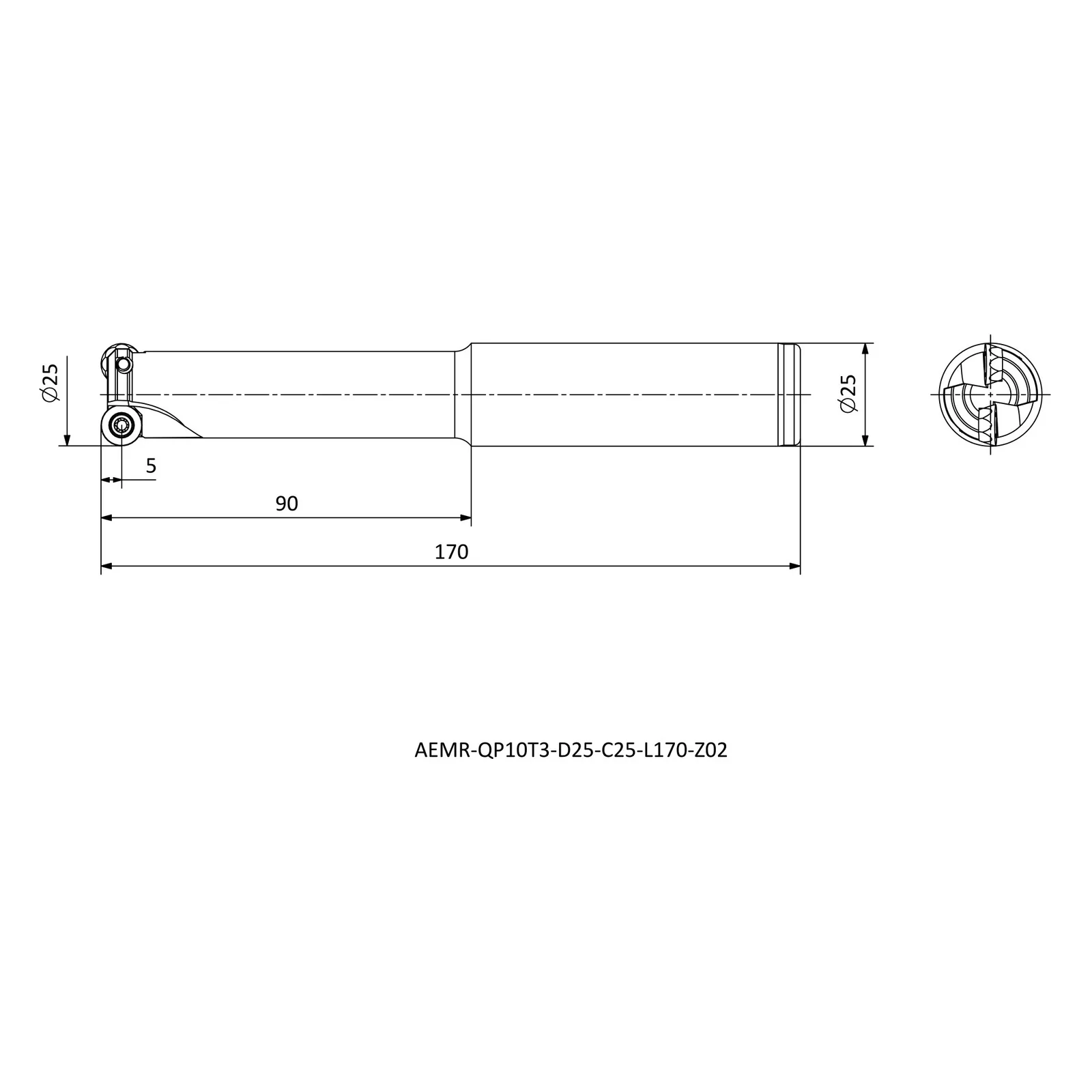 AEMR-QP10T3-D25-C25-L170-Z02 &mdash; dimensioned drawing