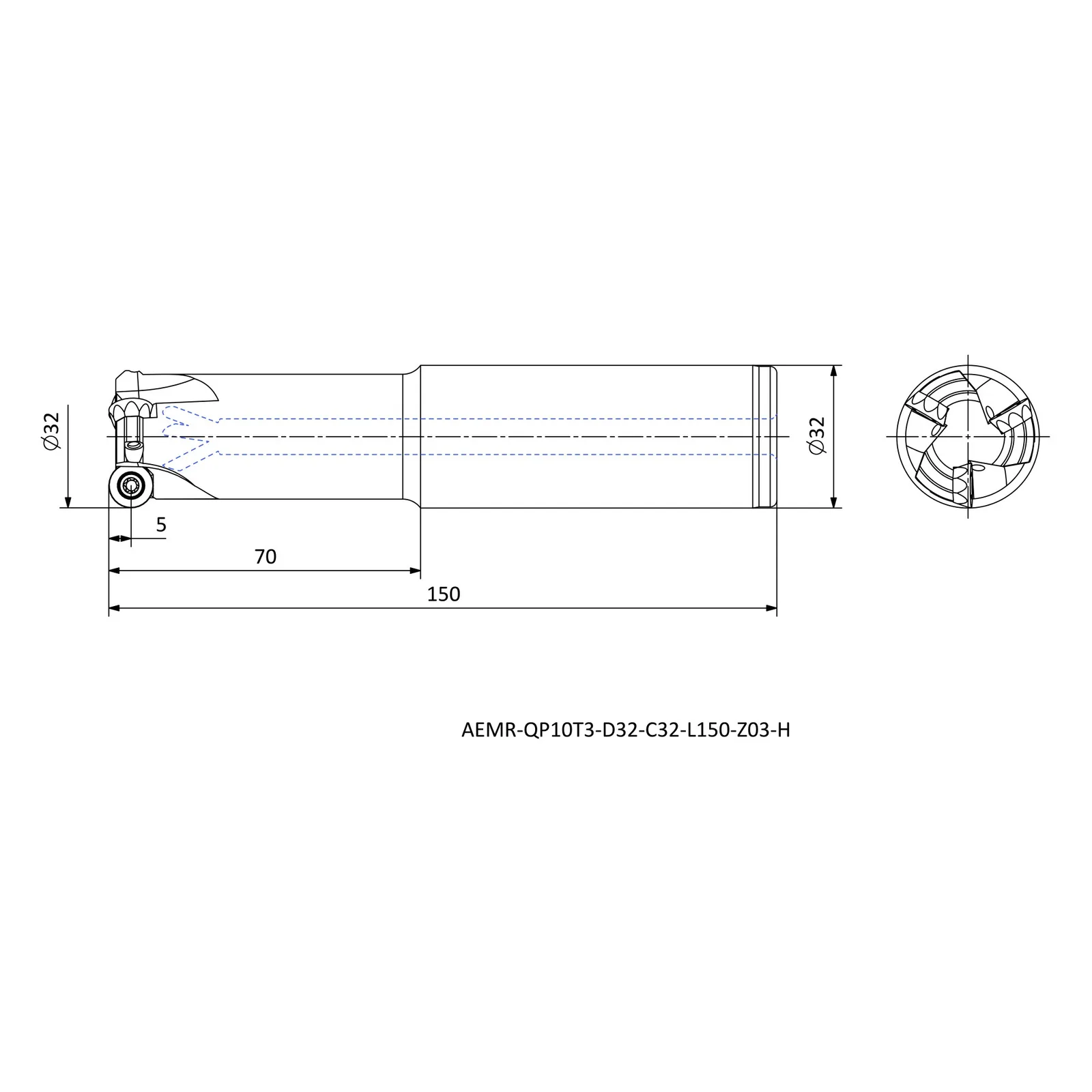 AEMR-QP10T3-D32-C32-L150-Z03-H &mdash; dimensioned drawing