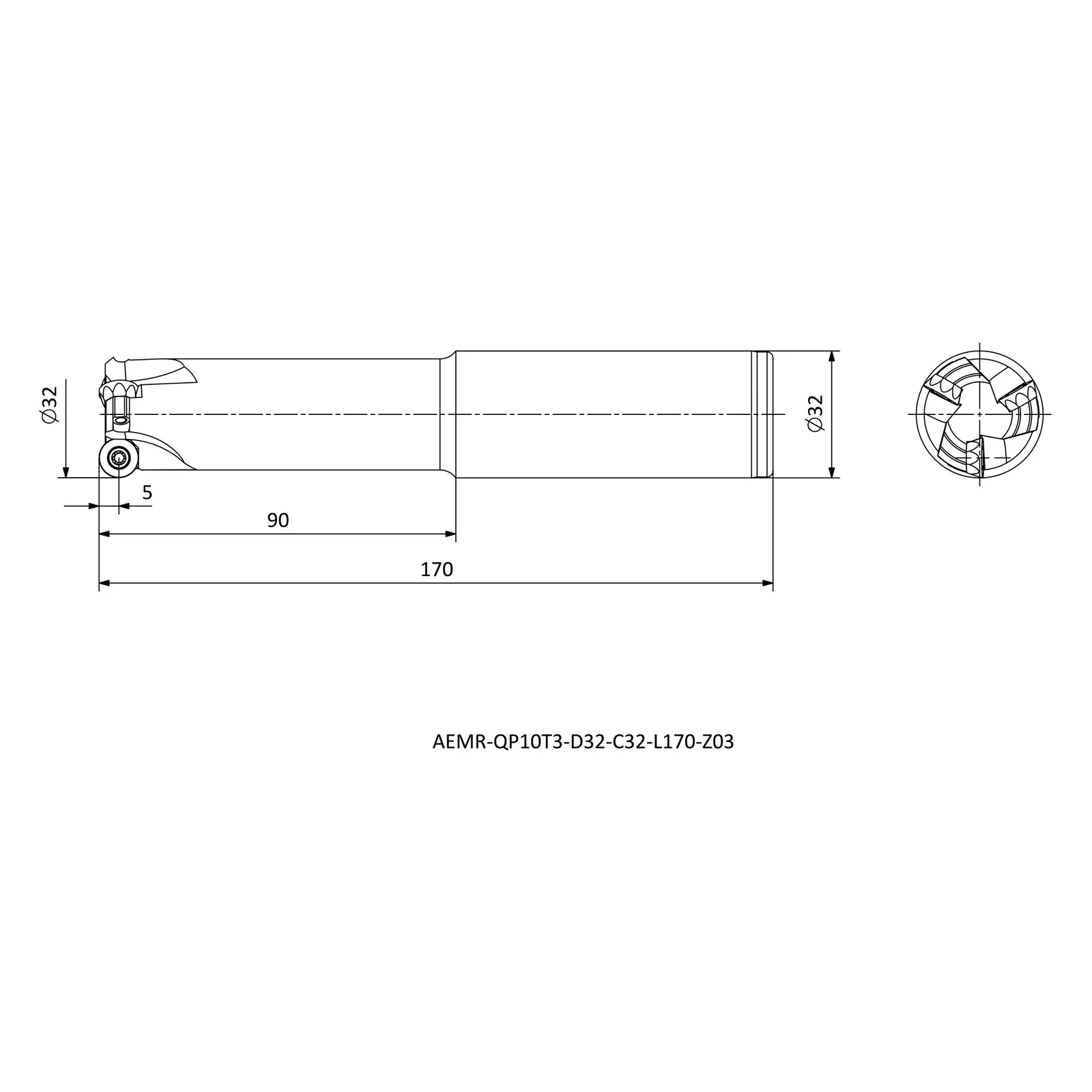 AEMR-QP10T3-D32-C32-L170-Z03 &mdash; dimensioned drawing