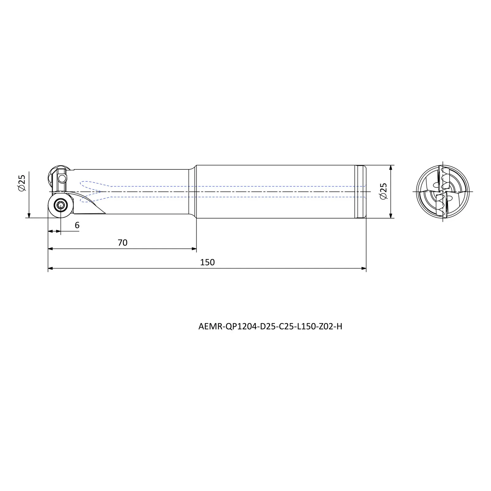 AEMR-QP1204-D25-C25-L150-Z02-H &mdash; dimensioned drawing