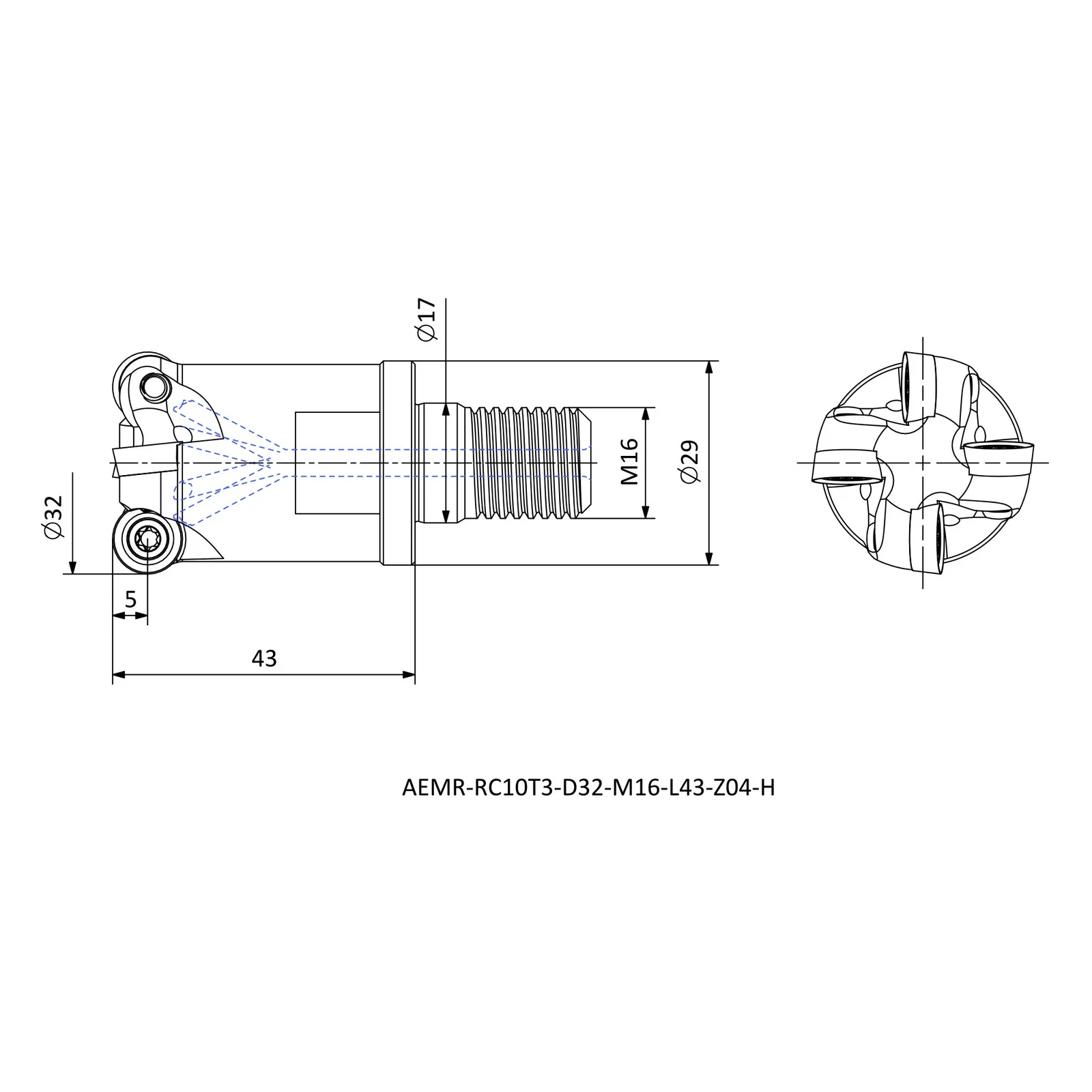 AEMR-RC10T3-D32-M16-L43-Z04-H &mdash; dimensioned drawing