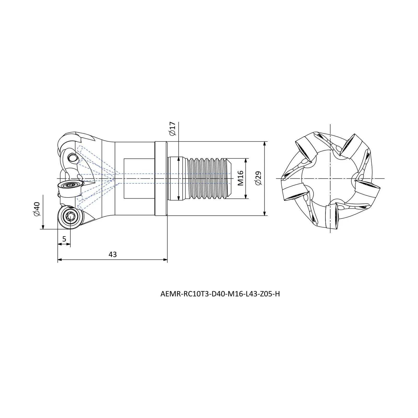 AEMR-RC10T3-D40-M16-L43-Z05-H &mdash; dimensioned drawing
