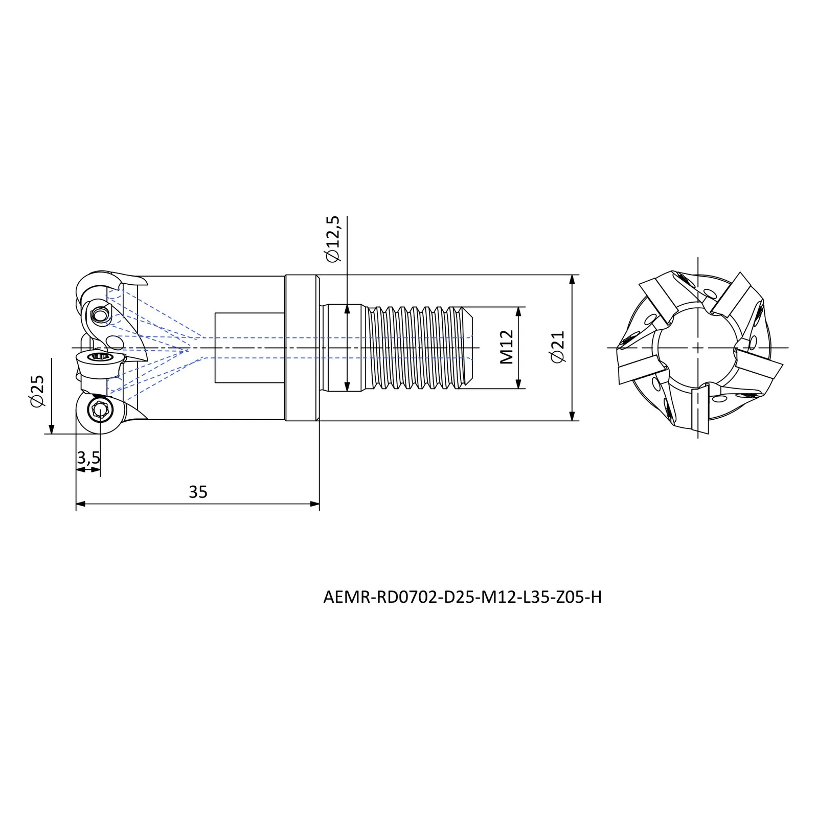 AEMR-RD0702-D25-M12-L35-Z05-H &mdash; dimensioned drawing