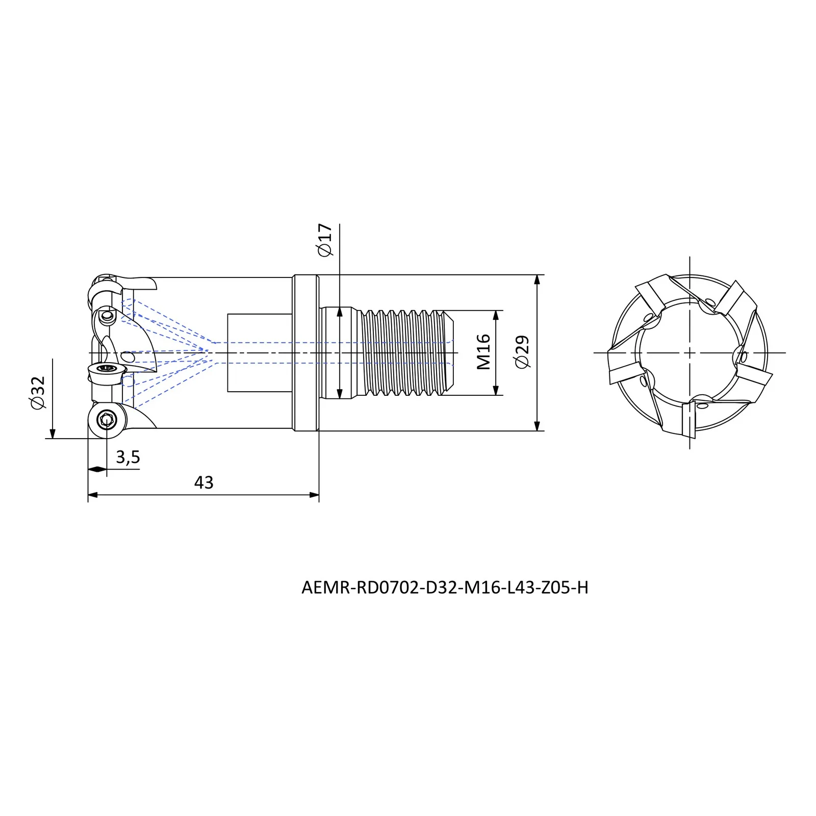 AEMR-RD0702-D32-M16-L43-Z05-H &mdash; dimensioned drawing