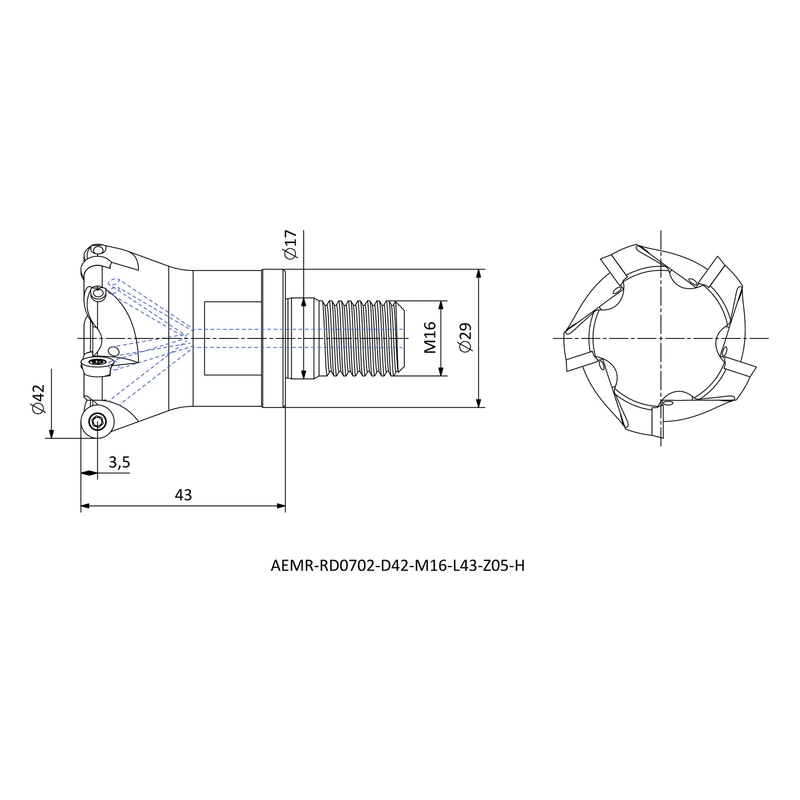 AEMR-RD0702-D42-M16-L43-Z05-H &mdash; dimensioned drawing