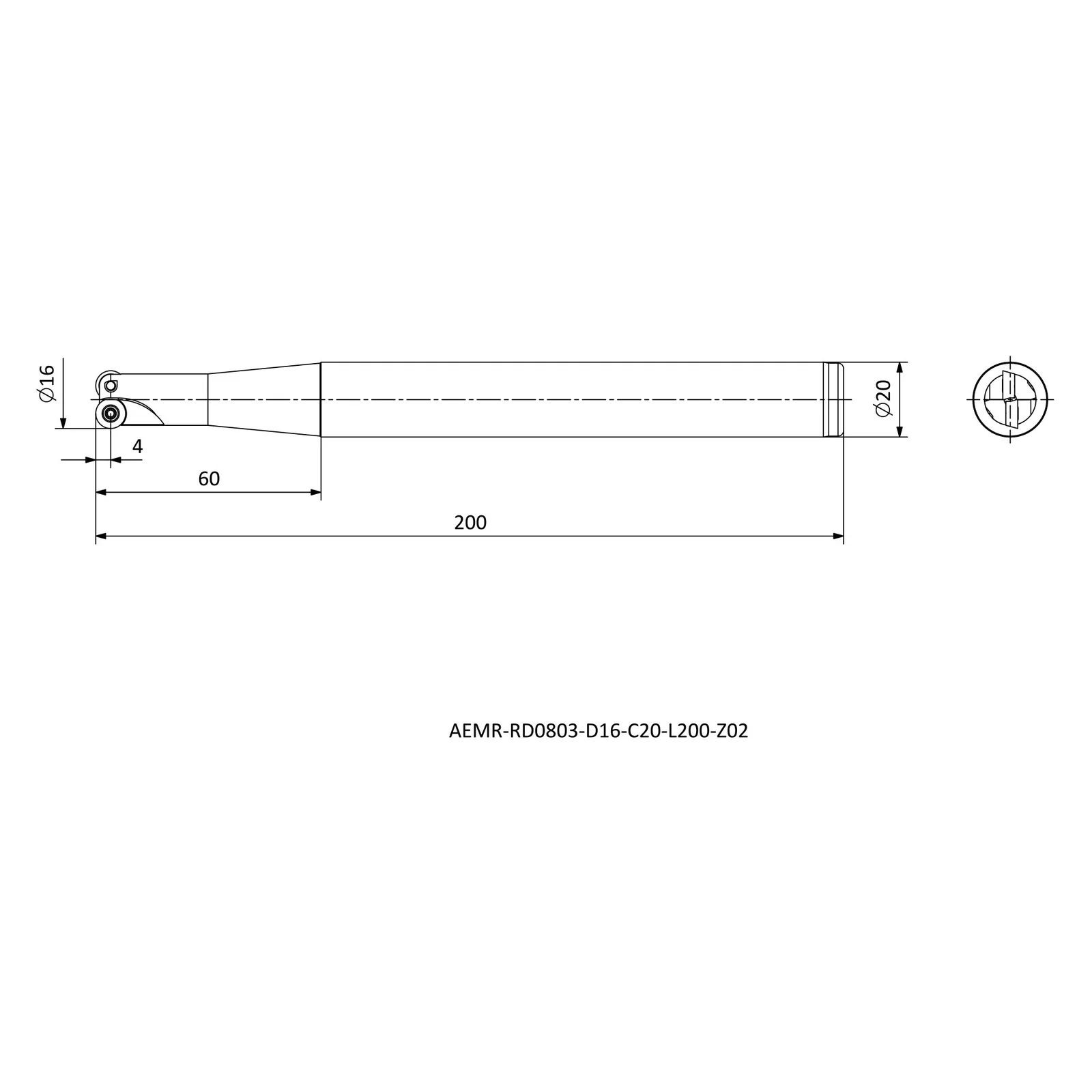 AEMR-RD0803-D16-C20-L200-Z02 &mdash; dimensioned drawing