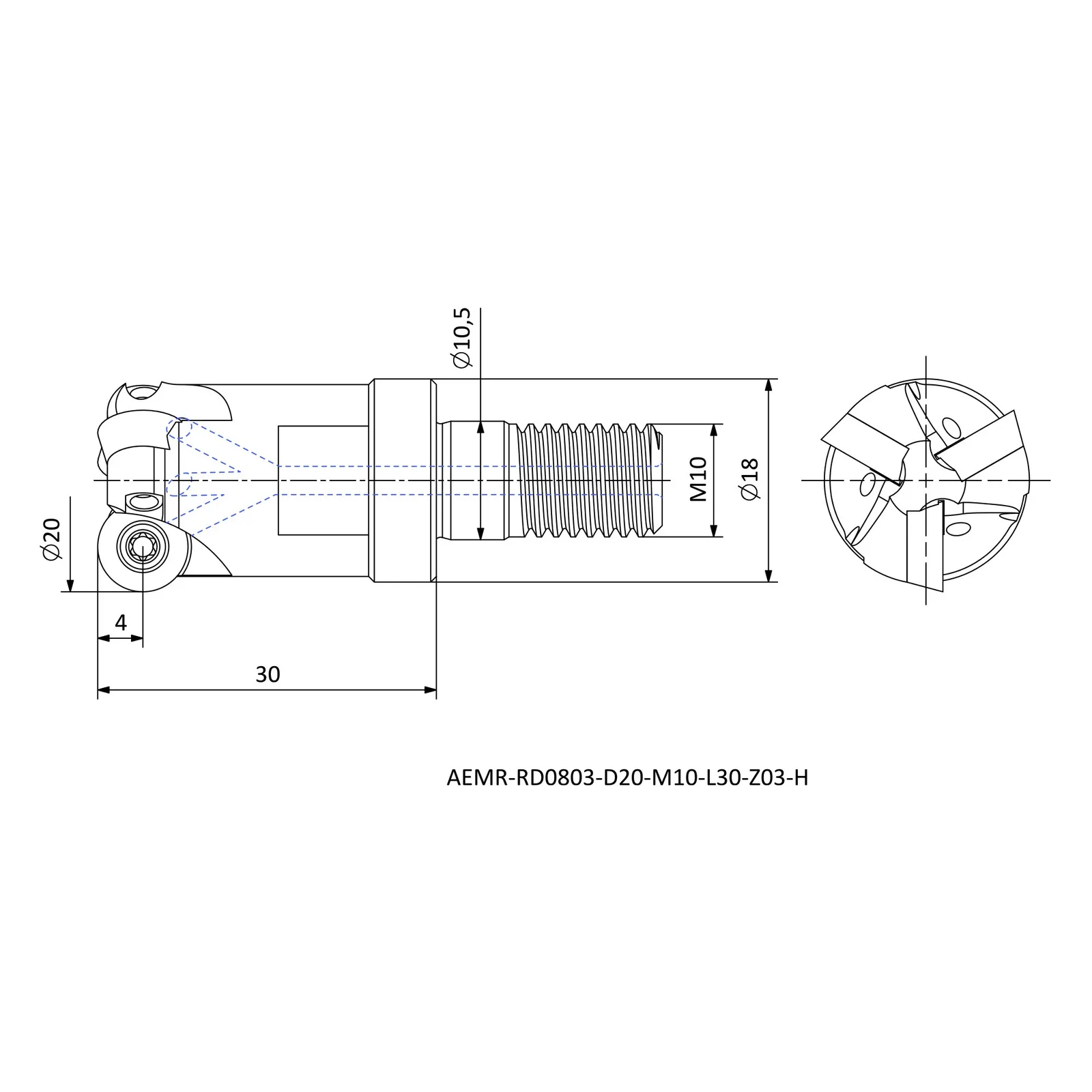 AEMR-RD0803-D20-M10-L30-Z03-H &mdash; dimensioned drawing