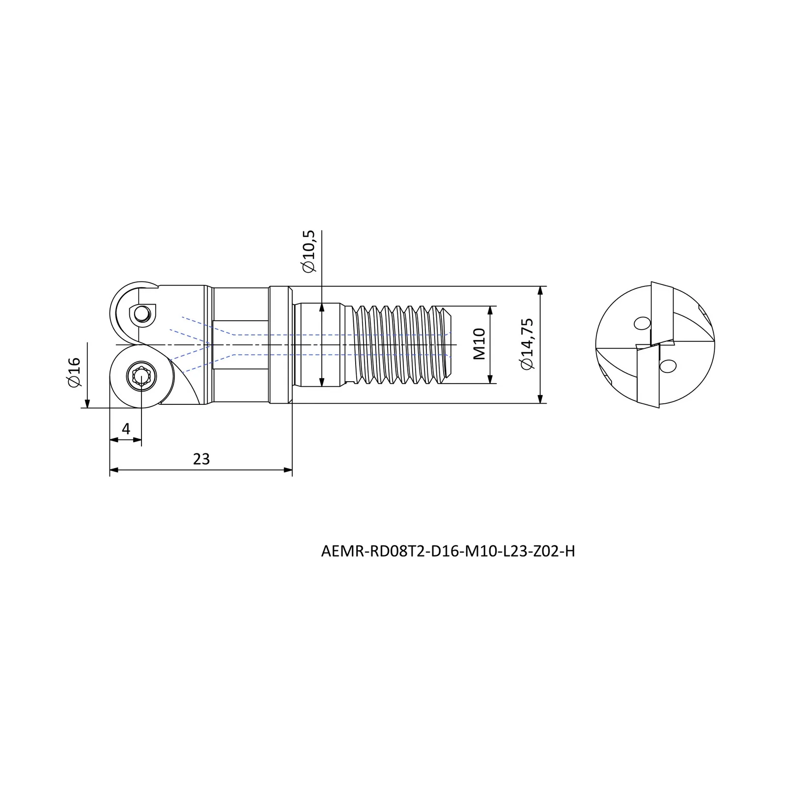 AEMR-RD08T2-D16-M10-L23-Z02-H &mdash; dimensioned drawing