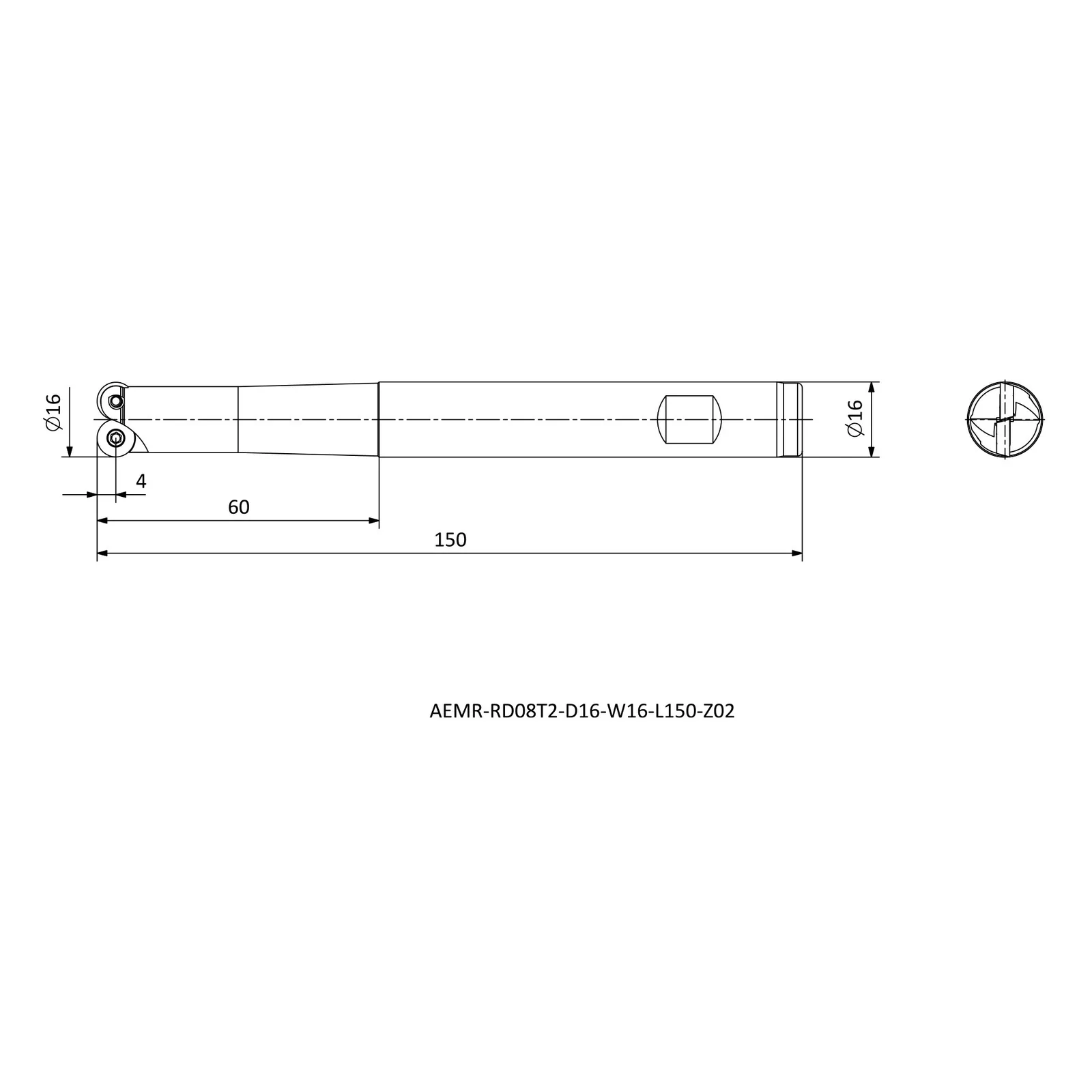 AEMR-RD08T2-D16-W16-L150-Z02 &mdash; dimensioned drawing
