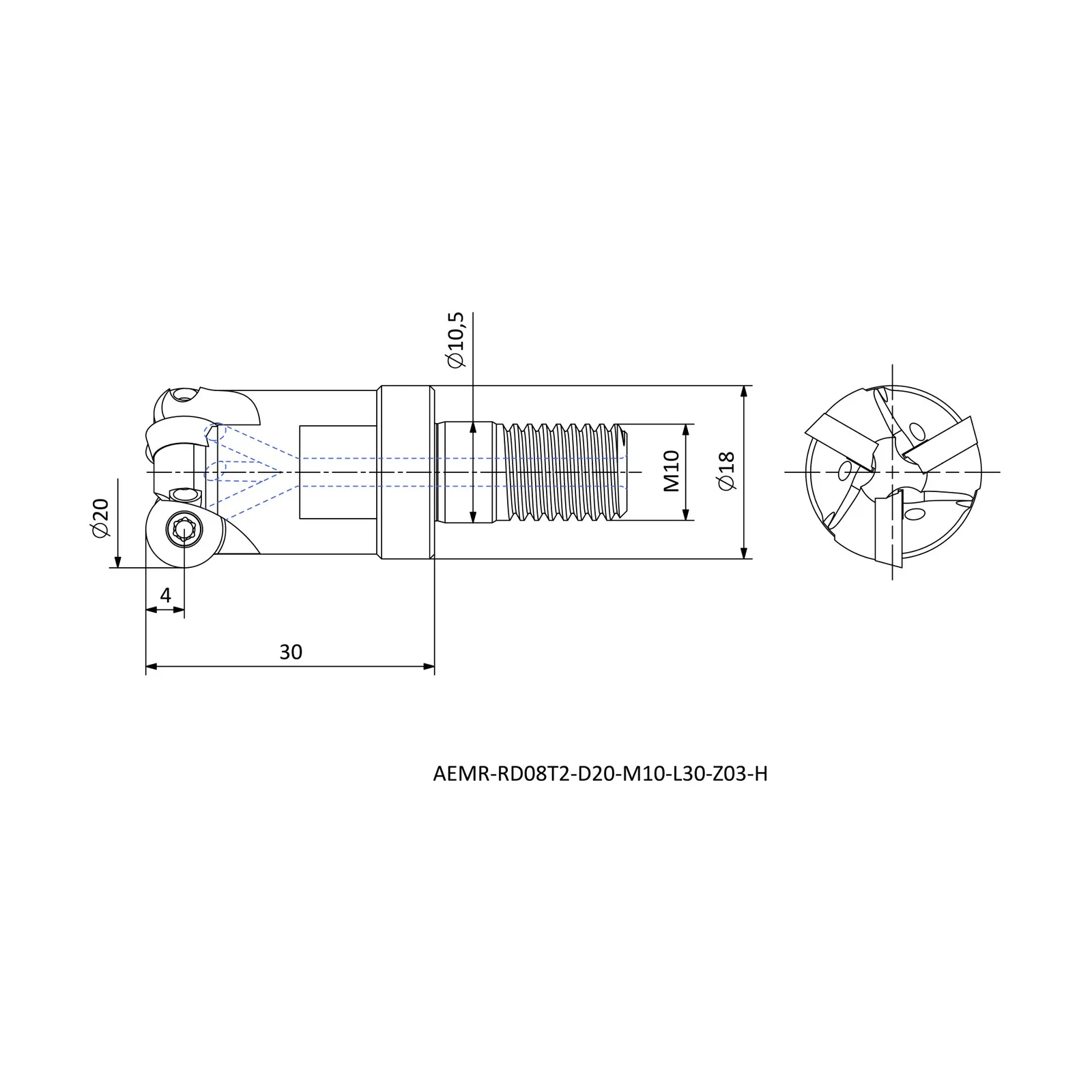 AEMR-RD08T2-D20-M10-L30-Z03-H &mdash; dimensioned drawing