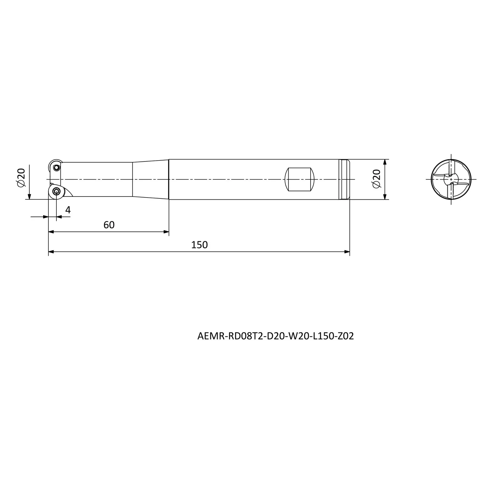 AEMR-RD08T2-D20-W20-L150-Z02 &mdash; dimensioned drawing