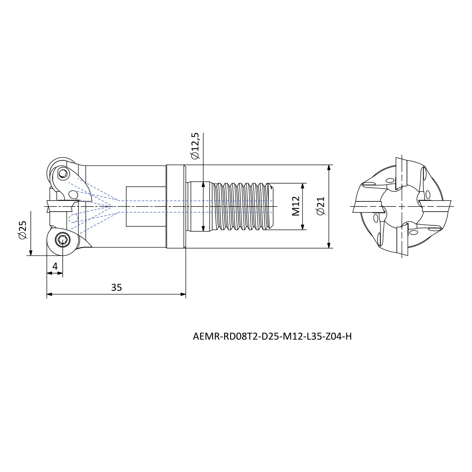 AEMR-RD08T2-D25-M12-L35-Z04-H &mdash; dimensioned drawing