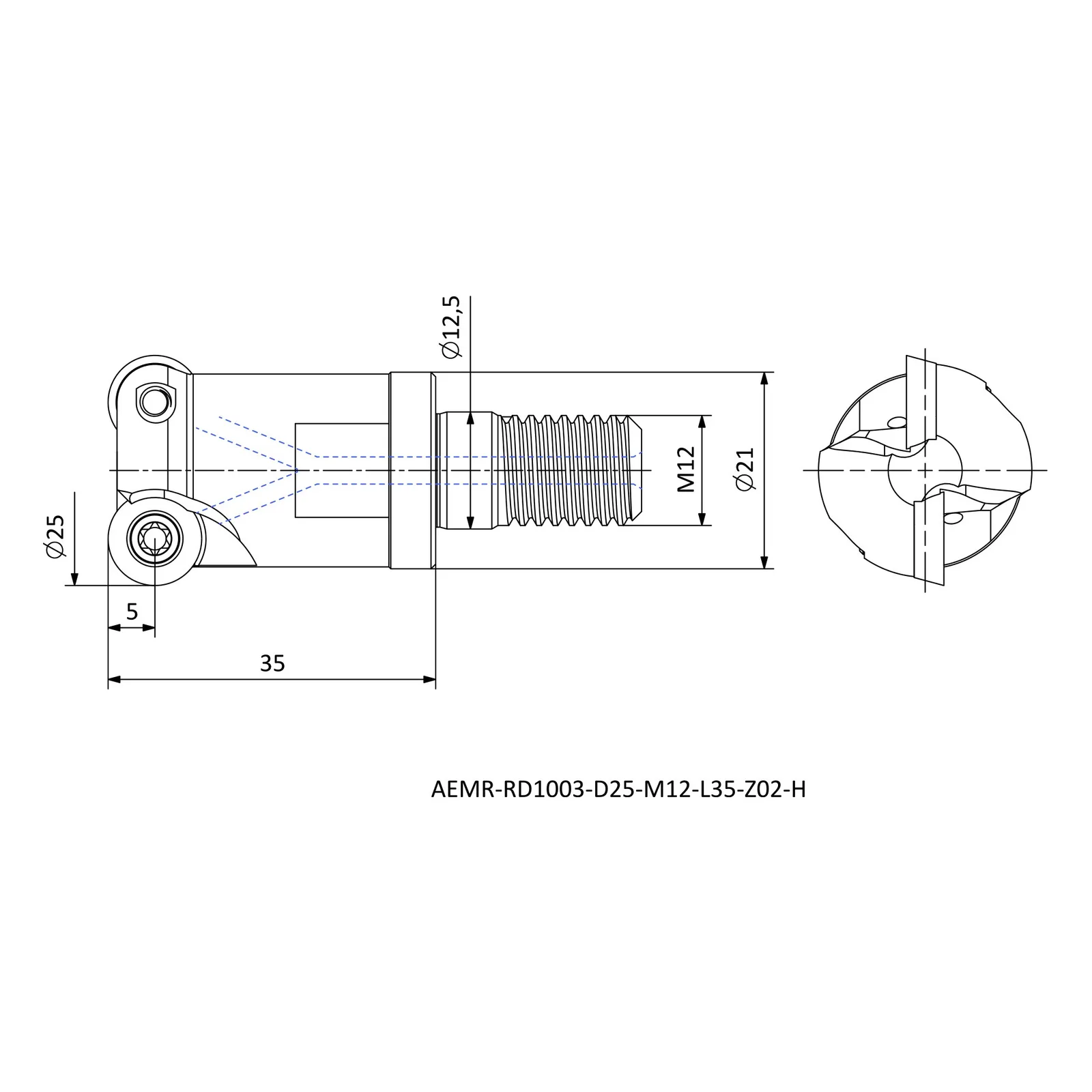 AEMR-RD1003-D25-M12-L35-Z02-H &mdash; dimensioned drawing