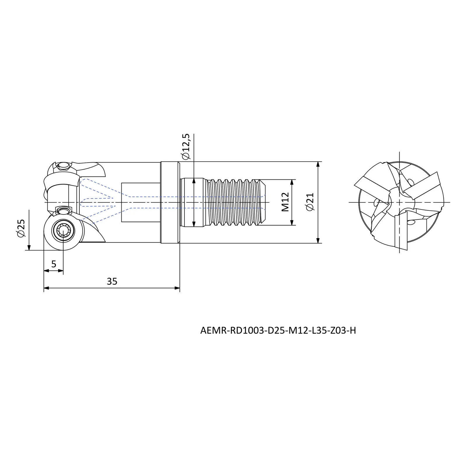 AEMR-RD1003-D25-M12-L35-Z03-H &mdash; dimensioned drawing
